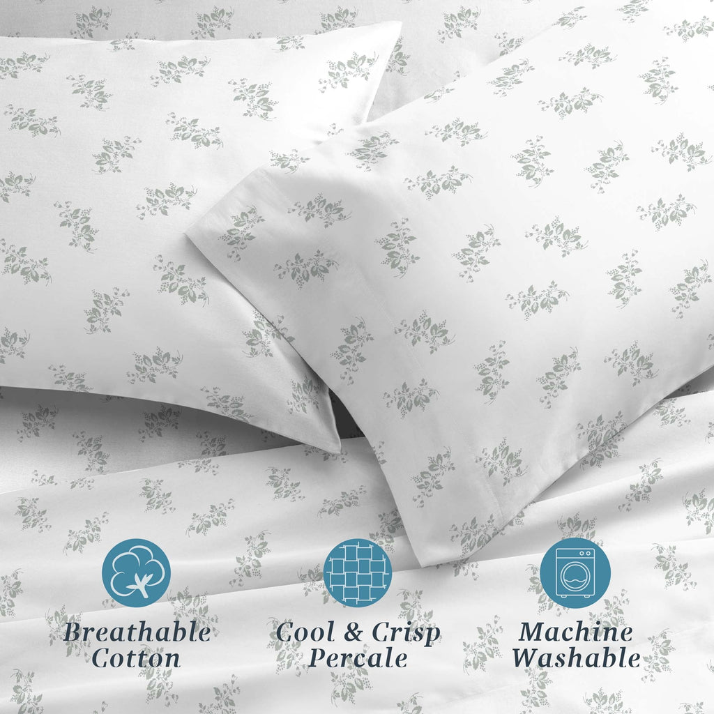 Cooling Sateen 100% Cotton Percale 4-Piece Queen Size Deep Pocket Printed Bed Sheets Set, 1 Fitted, 1 Flat Sheet with 2 Pillowcases,... - Luxury Bed Sheet Set with Deep Pockets Detail