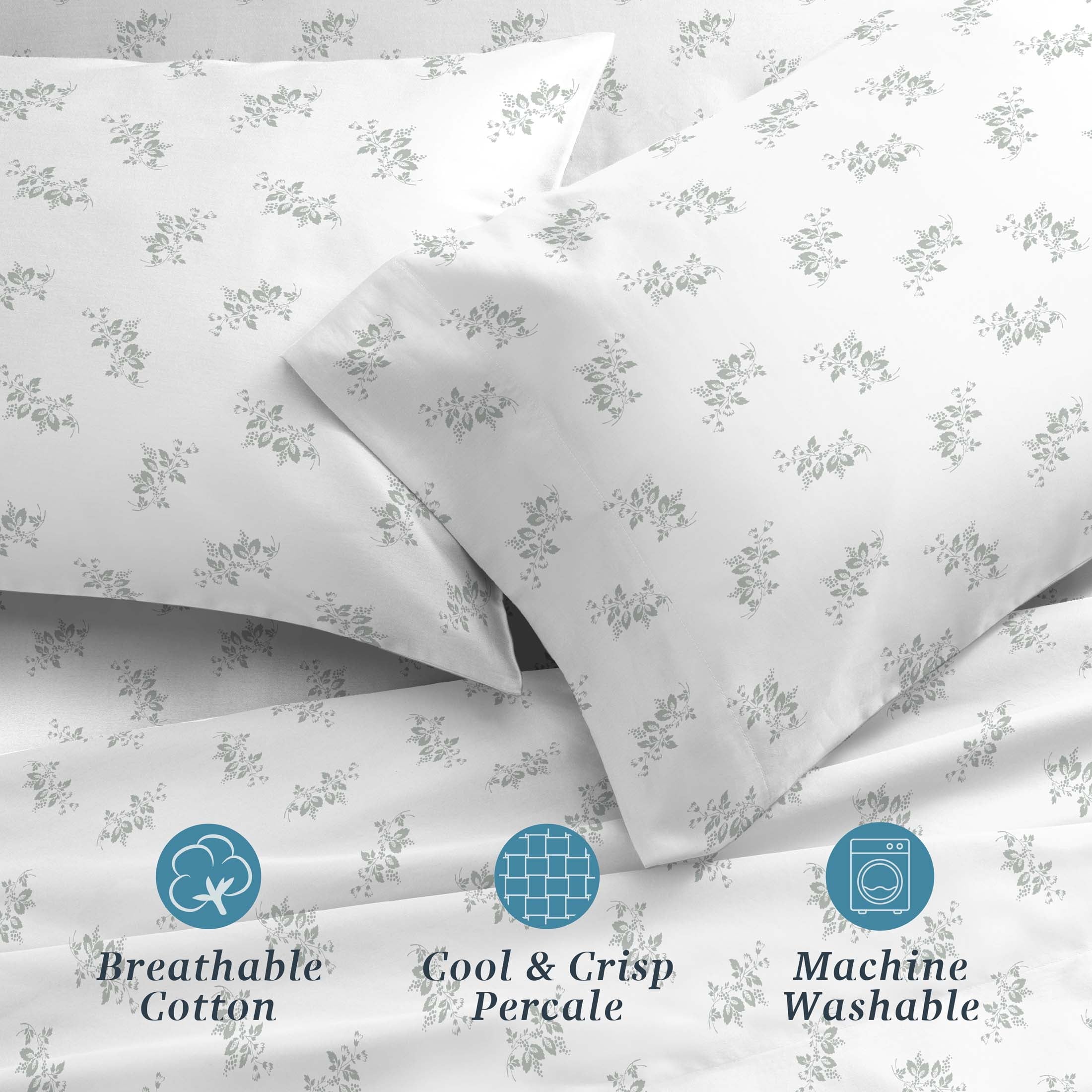 Cooling Sateen 100% Cotton Percale 4-Piece Queen Size Deep Pocket Printed Bed Sheets Set, 1 Fitted, 1 Flat Sheet with 2 Pillowcases,... - Luxury Bed Sheet Set with Deep Pockets Detail