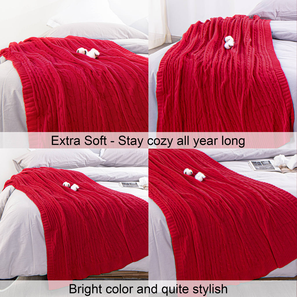 Decorative Knitted 100% Cotton Cable Knit Throw, Super Soft Warm Knitted Blanket Home Decor, 51"x67", Red - Luxury Knitted Decorative Throw Blanket with Fringes Detail