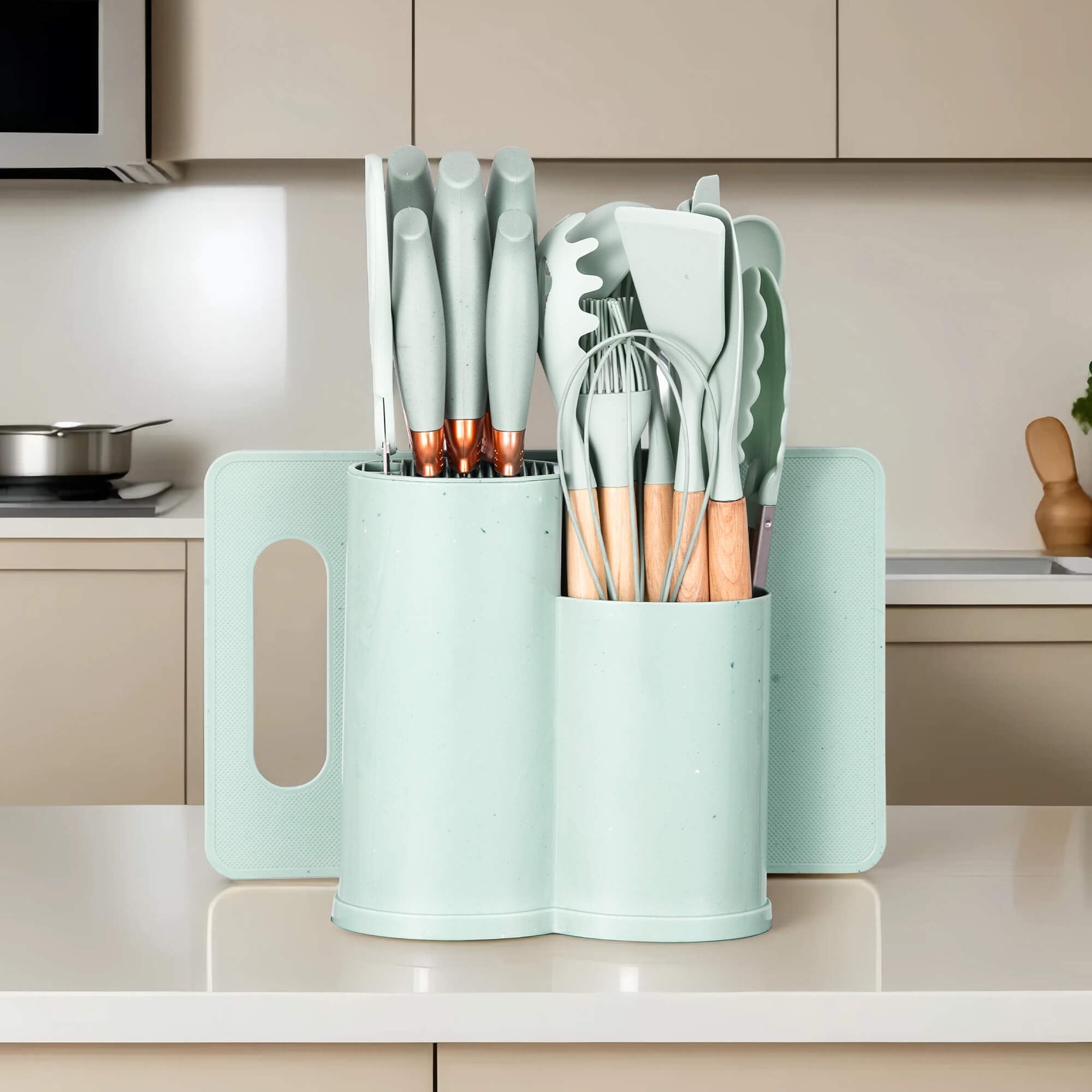 Heat-Resistant 19pcs Silicone Kitchen Utensil Set, Heat-Resistant Non-Stick Easy Cooking Cleaning Home Light-Green - Ergonomic Kitchen Tongs and Cooking Spoon Utensil Detail