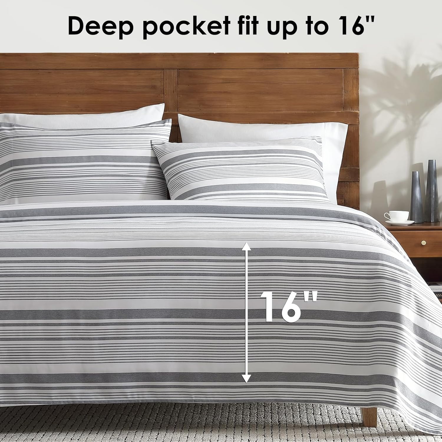 Premium Egyptian Cotton Home 3-Piece Twin Microfiber Classic Stripe Bed Sheet Set, Super Soft, Breathable Stripe Bedding with 16 inches Deep ... - Breathable Egyptian Cotton Flat & Fitted Sheets Detail