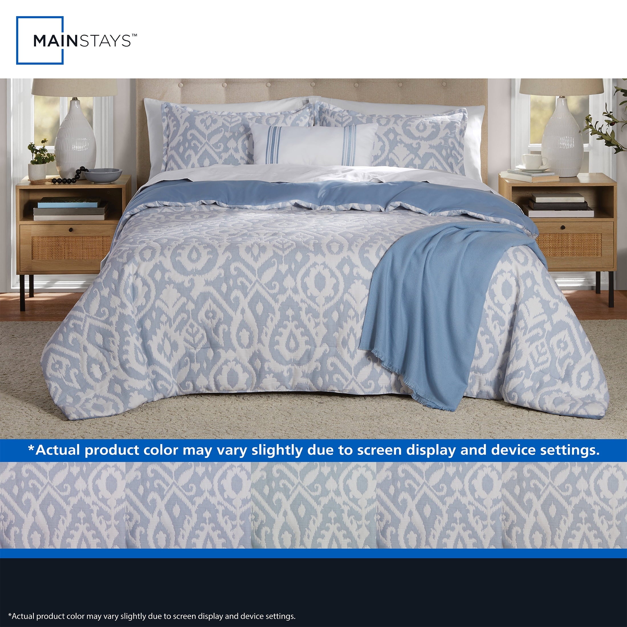Fluffy Down Alternative Full/Queen Comforter Set, All-Season, 5-Piece, Blue Matelasse Ikat - All-Season Down Alternative Comforter Insert Detail