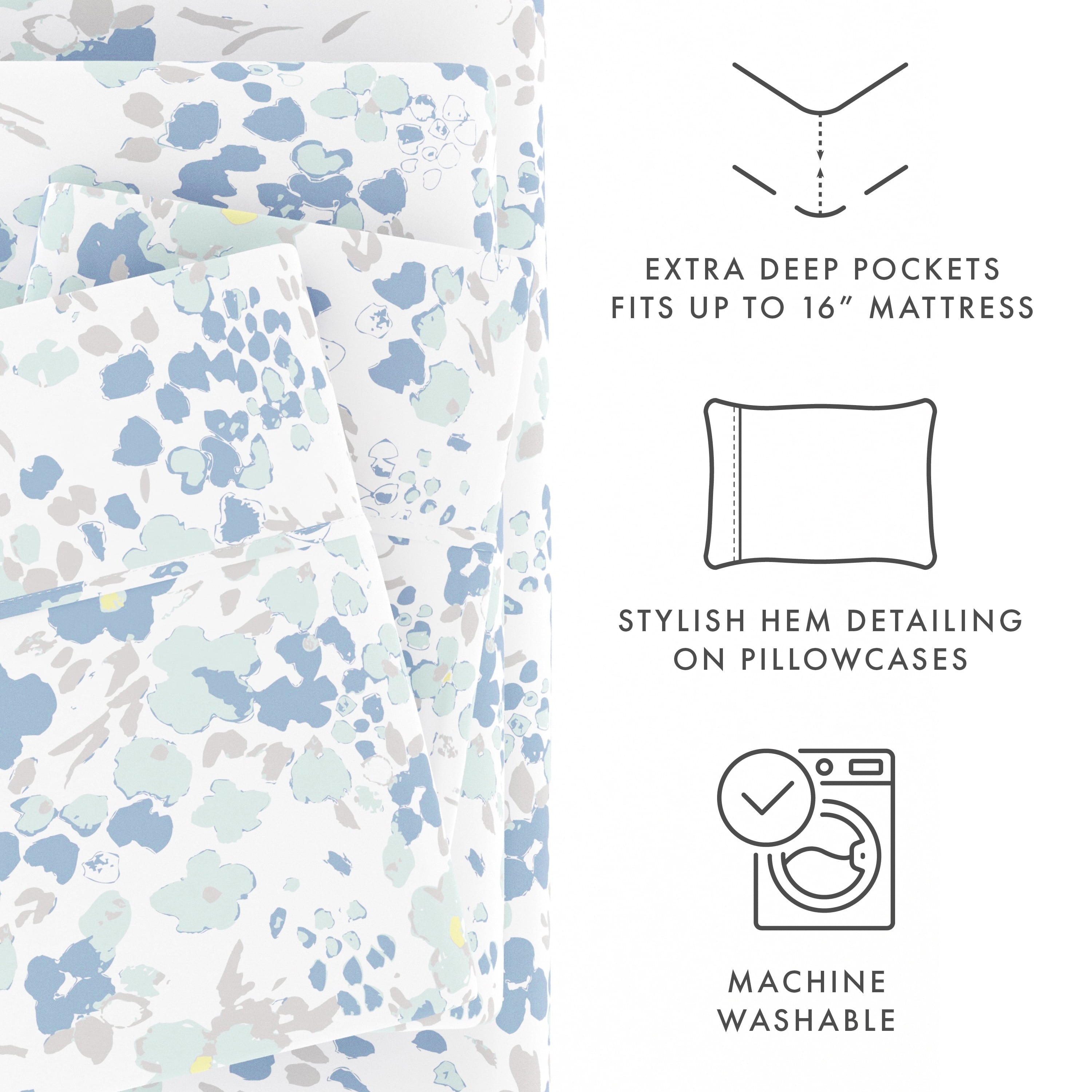 Cooling Sateen 4 Piece Pattern Microfiber Bed Sheets Set, Light Blue Violets, Full - Breathable Egyptian Cotton Flat & Fitted Sheets Detail