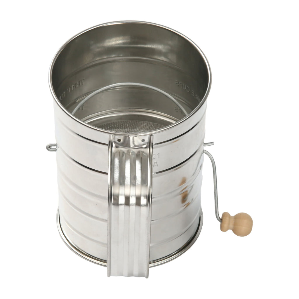 Time-Saving Stainless Steel 3 Cup Flour Hand-Crank Sifter with Beechwood Handle Silver - Premium Stainless Steel Garlic Presser & Peeler Detail