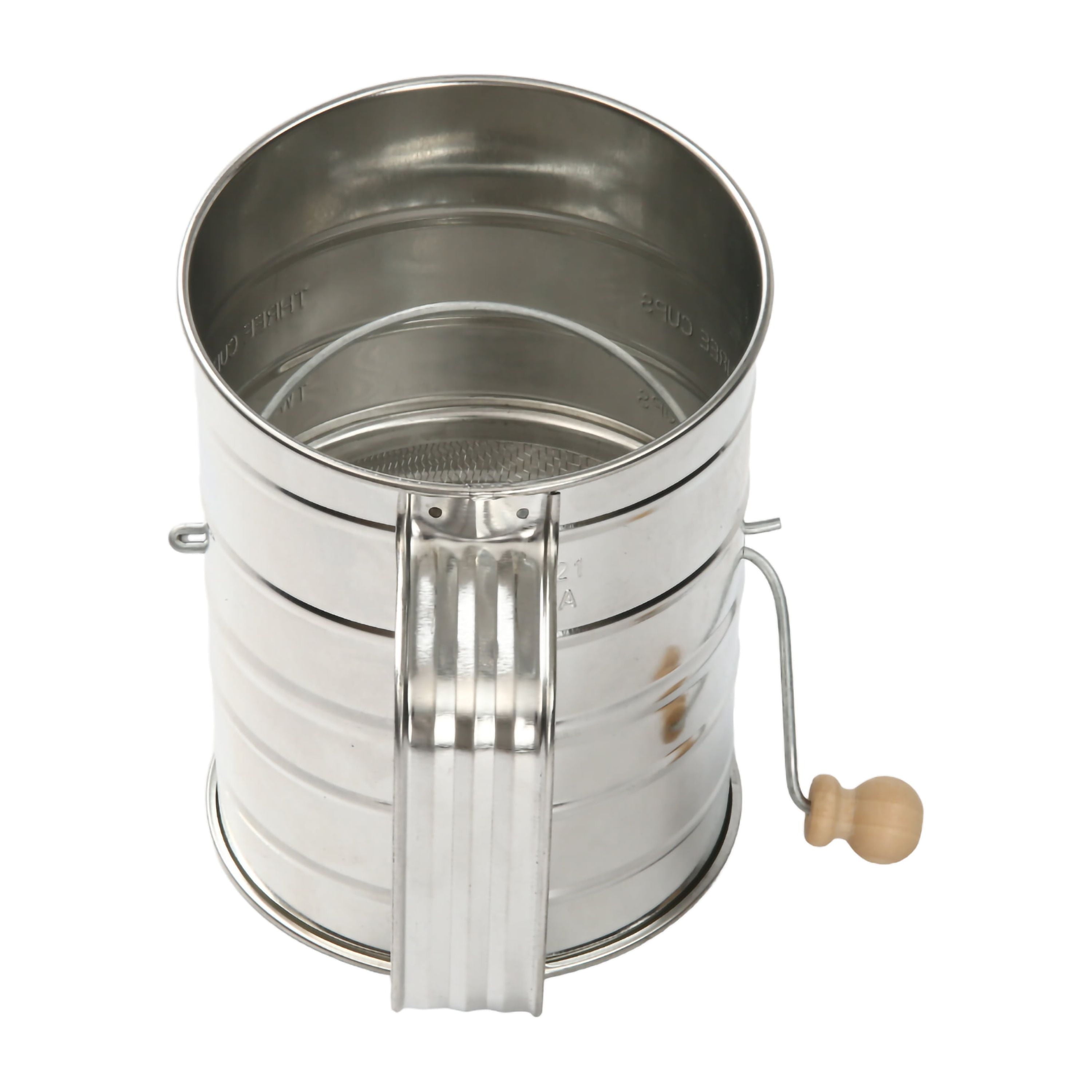 Time-Saving Stainless Steel 3 Cup Flour Hand-Crank Sifter with Beechwood Handle Silver - Premium Stainless Steel Garlic Presser & Peeler Detail