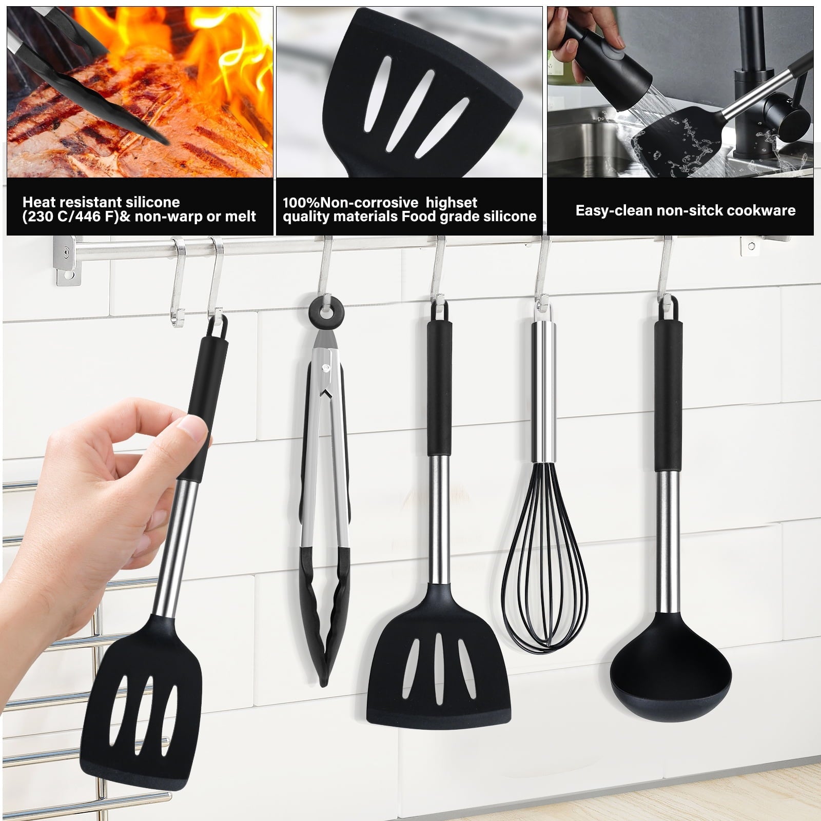 Seamless One-Piece Silicone Cooking Utensils Set, 26 Pcs, Heat Resistant Kitchen Utensils Set, Black - Ergonomic Kitchen Tongs and Cooking Spoon Utensil Detail