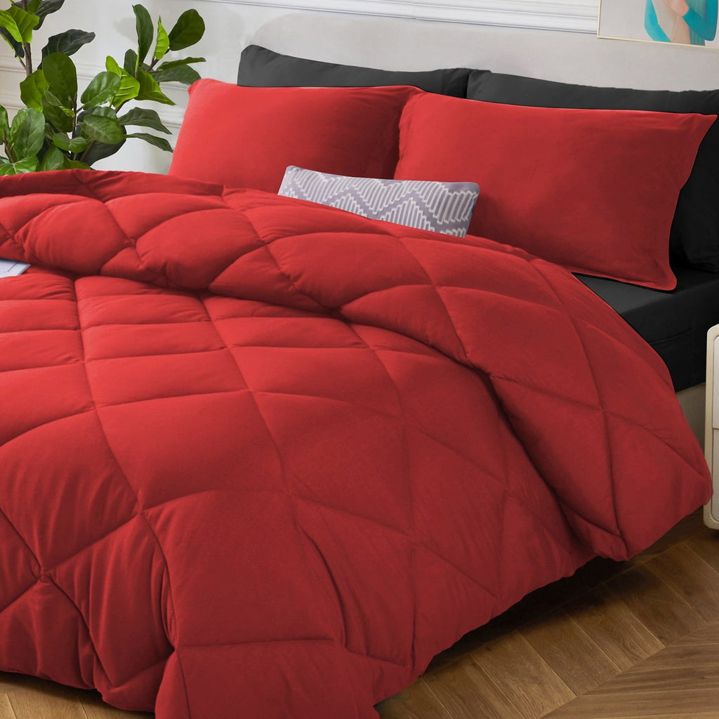 All-Season 7 Piece Reversible Queen Comforter Set - Red Quilted Down Alternative Bedding All Season Super Soft Microfiber Bed in... - Cloud-Like Soft Lightweight Bed Comforter Detail
