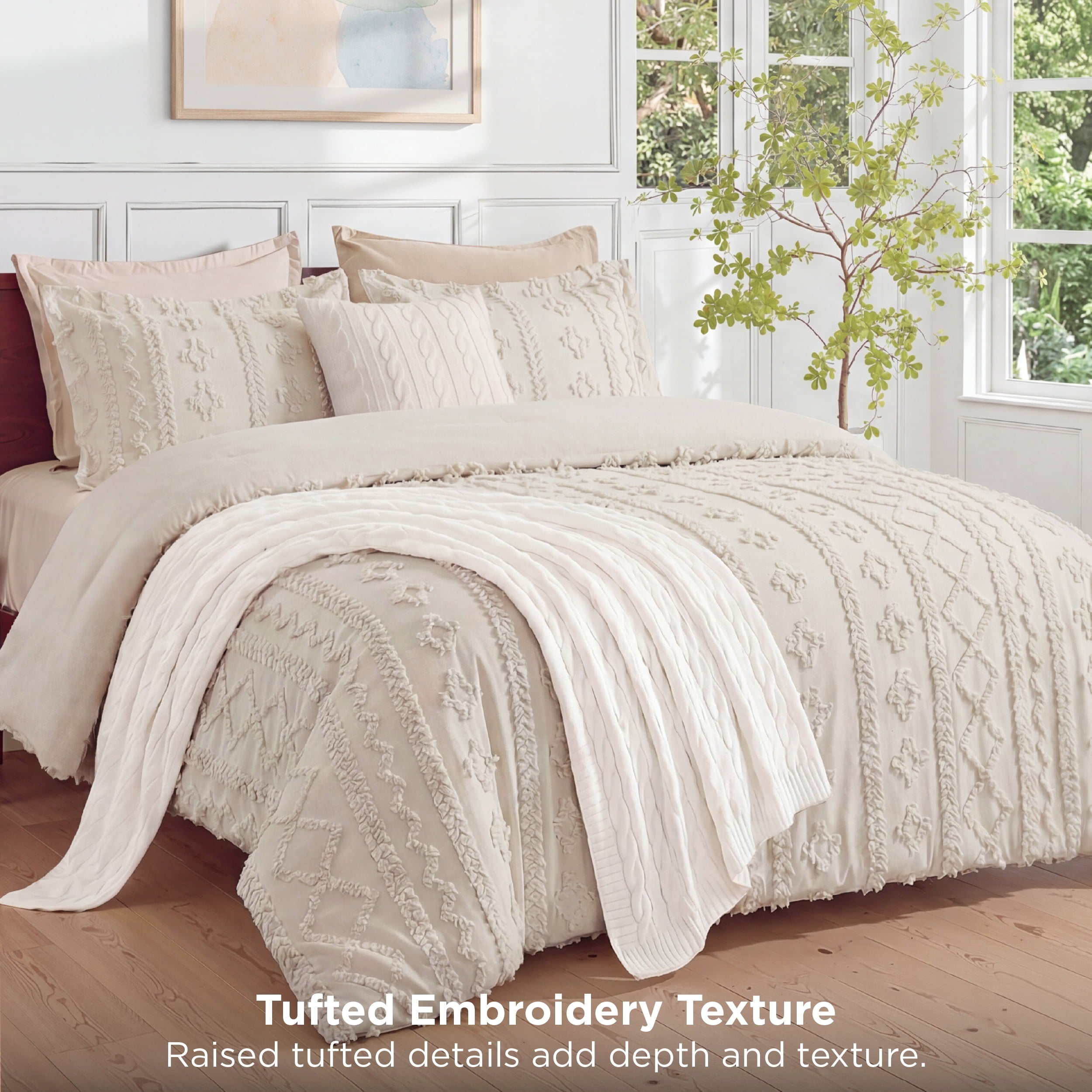 All-Season Tufted Boho Comforter Set Queen, Beige, 3 Pieces Farmhouse Shabby Chic Embroidery Bedding Set, Soft Jacquard Comforte... - Cloud-Like Soft Lightweight Bed Comforter Detail