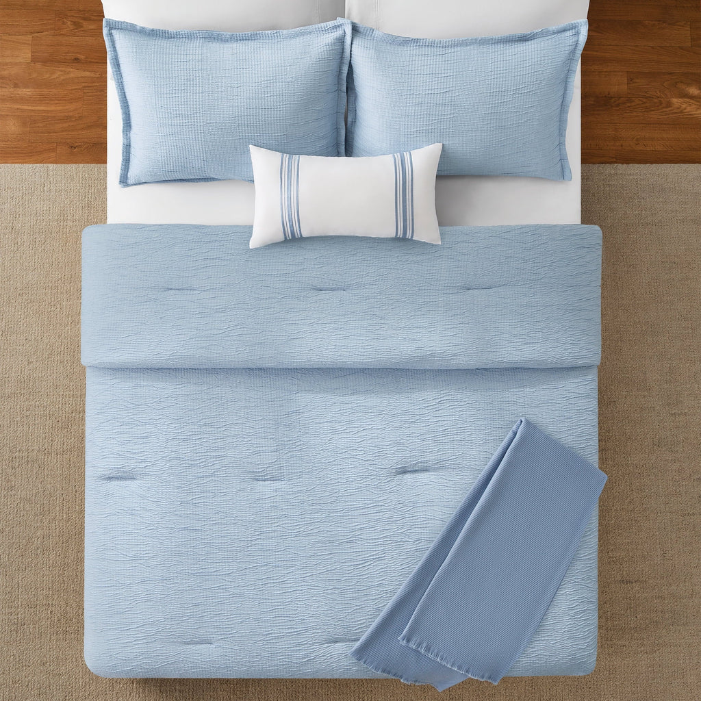 Luxurious Quilted Full/Queen Comforter Set, All-Season, 5-Piece, Blue Matelasse Tonal Stripe - Cloud-Like Soft Lightweight Bed Comforter Detail
