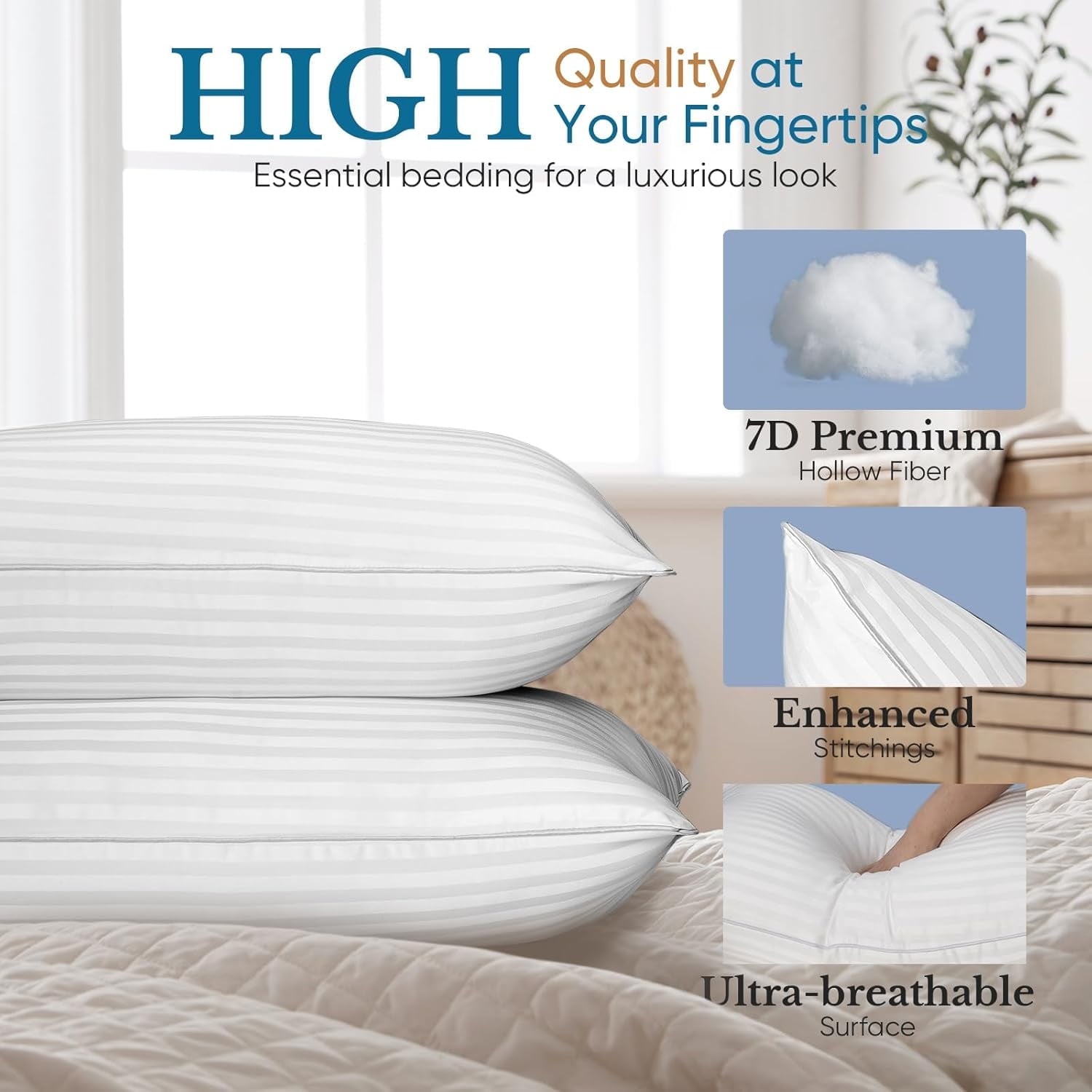 Orthopedic Support Pillow for Beds 2 Pack Queen Size Pillows Set of 2 Hypoallergenic Hotel Down Alternative Pillow for Side and Back Sle... - Decorative Throw Pillow Cushion for Sofa & Bed Detail
