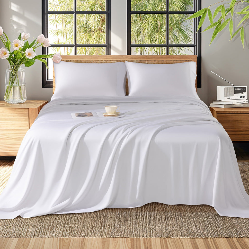 Breathable Luxury Bamboo Sheets Set, 4-Piece Queen Sheet Set with 16" Deep Pockets, Soft and Breathable Bed Sheets, White - Cooling Hotel Quality Bedding Sheets and Pillowcases Detail
