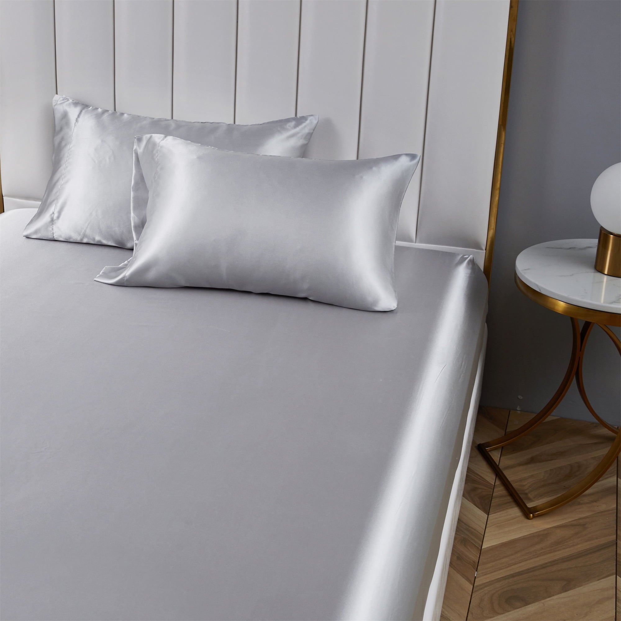 Breathable Luxury Satin Fitted Sheet King Size 14 Inch Deep Pocket Bed Sheet Silk Sheet Ultra Soft Machine Washable, Light Gray - Premium Ultra-Soft Pillowcase Pair for Sleeping Detail