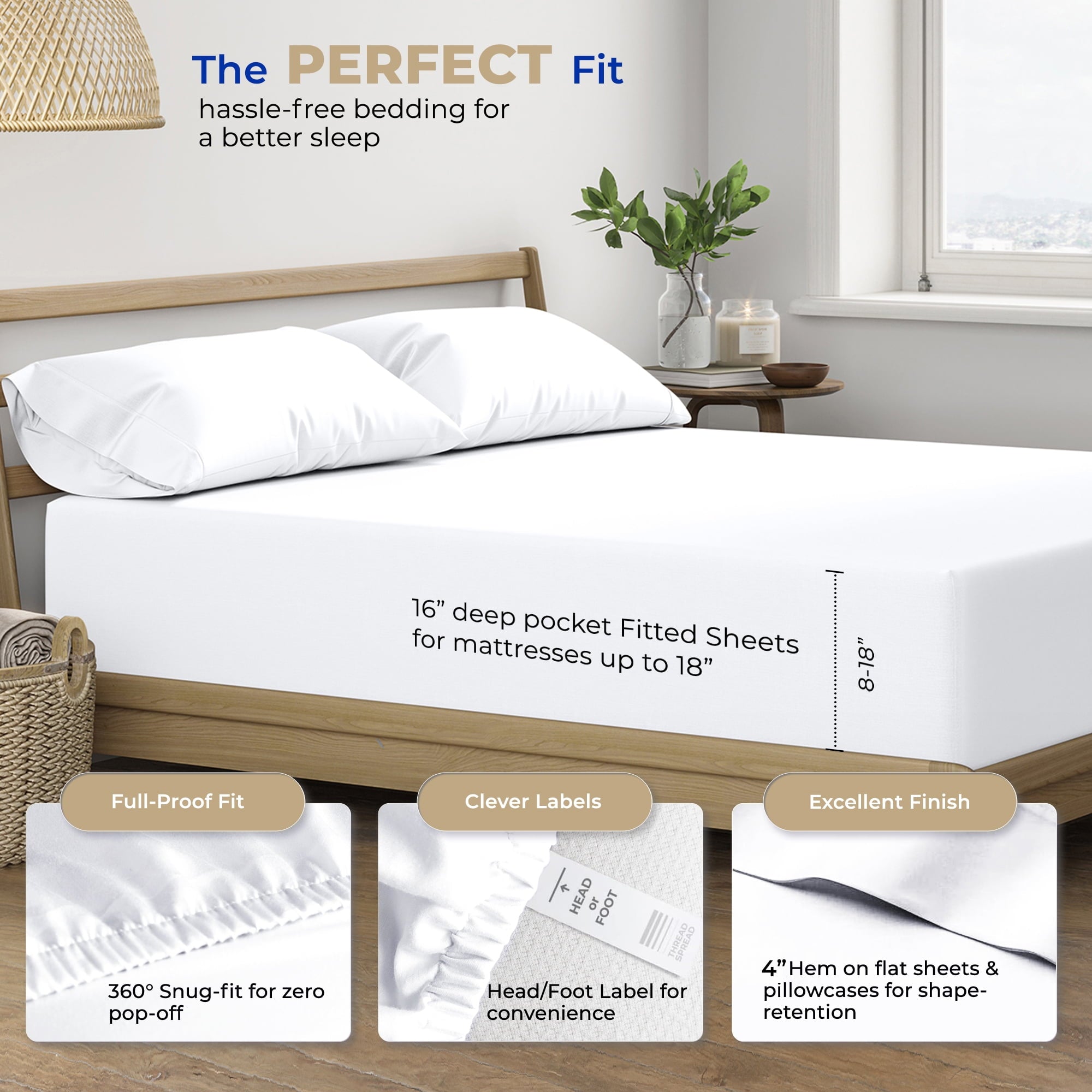 Premium Egyptian Cotton King Size Cotton Sheets Set - 400 Thread Count 4 PC 100% Cotton Sheets for King Bed, 16 In Deep Pocket King Size Cott... - Premium Ultra-Soft Pillowcase Pair for Sleeping Detail