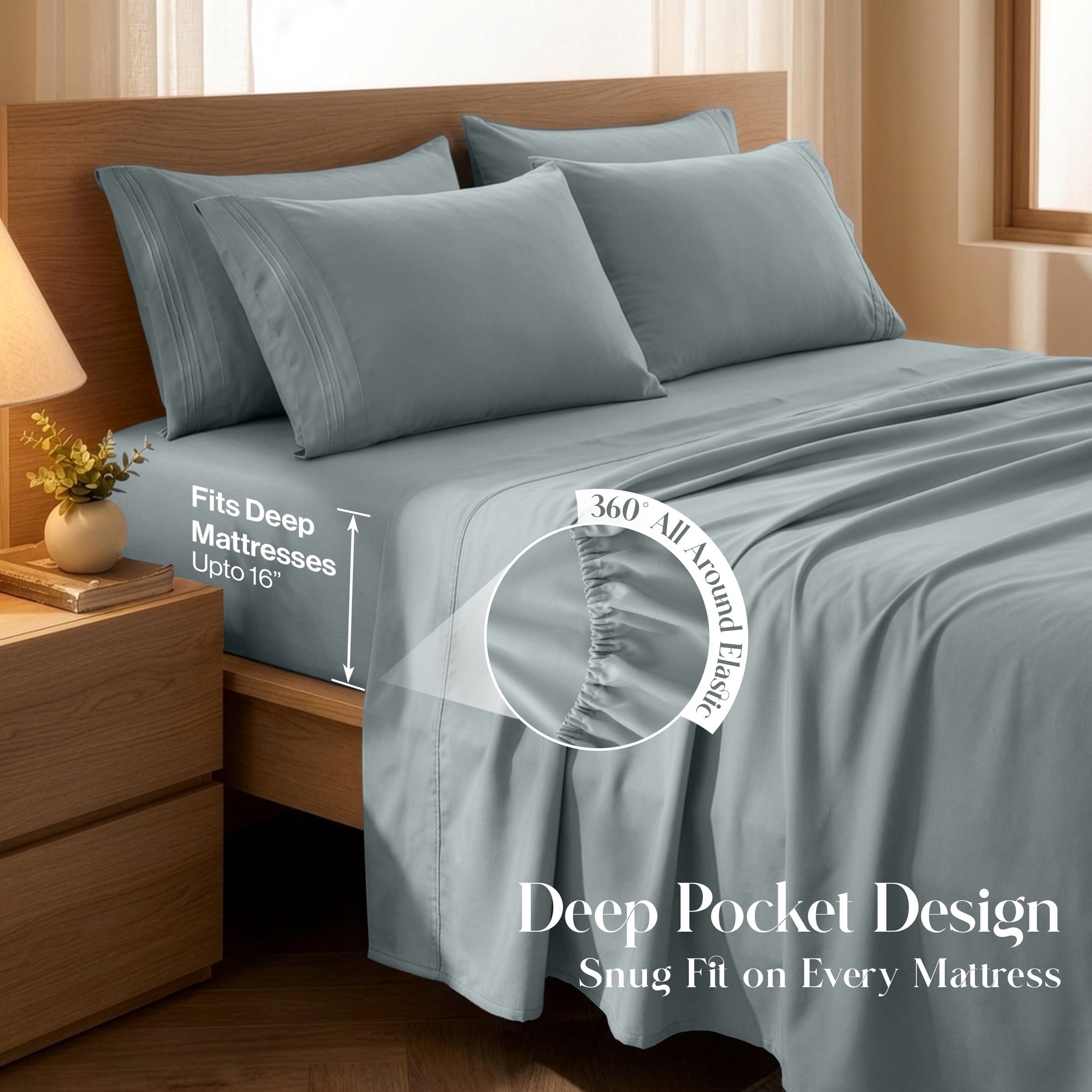 Cooling Sateen Bed Sheets - 6 Piece Ultra-Soft Microfiber Sheets Set, Deep Pocket Fitted Sheet, Flat Sheet & 4 Pillowcases, Breathab... - Premium Ultra-Soft Pillowcase Pair for Sleeping Detail