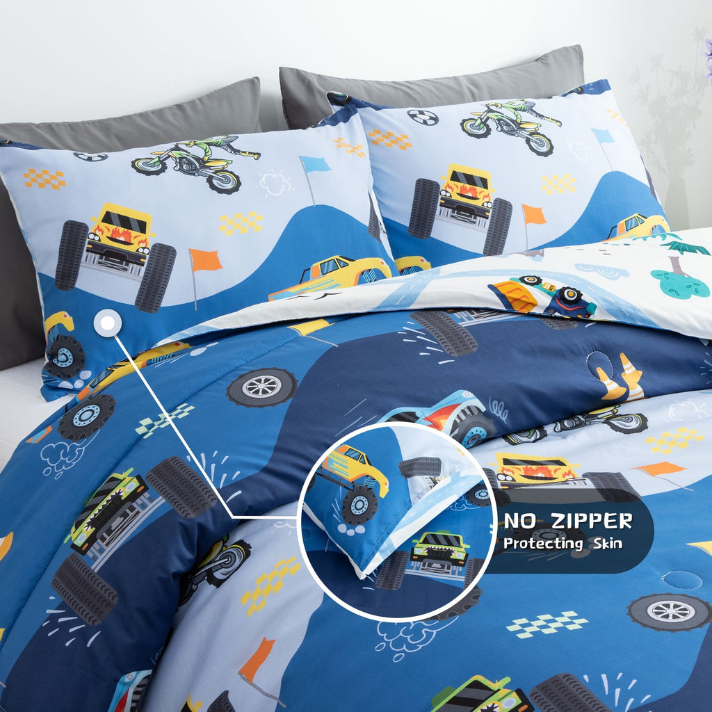 Hypoallergenic Cloud 3Pcs Reversible Construction Truck Twin Comforter Set for Boys Kids Excavator Vehicle Motorcycle Bedding Set Blue - All-Season Down Alternative Comforter Insert Detail