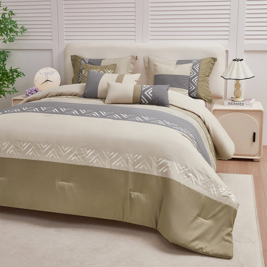 Fluffy Down Alternative 7 Piece Embroidery Design Bed-in-a-Bag, Taupe Queen Size Ultra Soft Comforter Set for Adults - All-Season Down Alternative Comforter Insert Detail