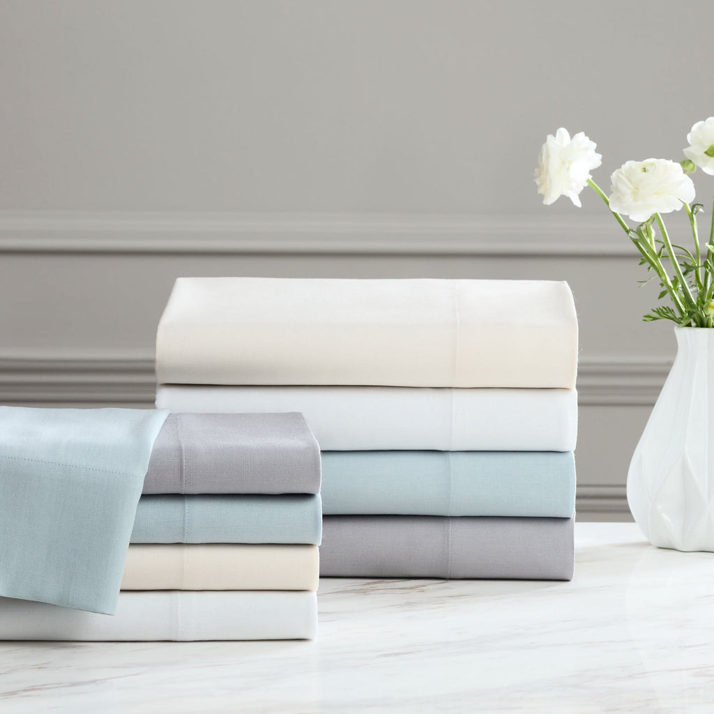 Breathable Luxury 4-Piece White Lyocell & Linen Blend Percale Bed Sheet Set, Queen - Breathable Egyptian Cotton Flat & Fitted Sheets Detail