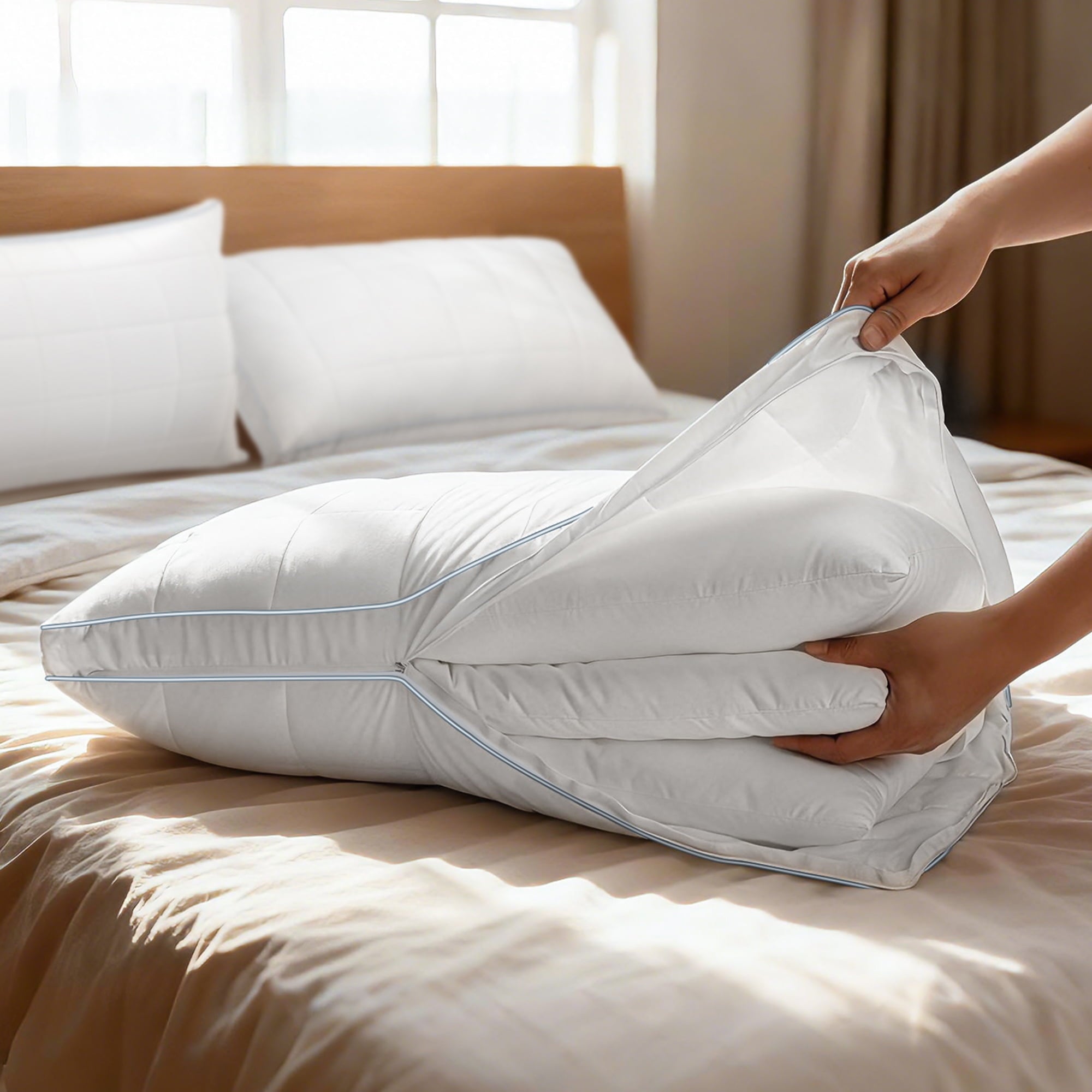 Decorative Plump Cooling Adjustable Pillow, Luxury Queen Size Bed Pillows Hotel Collection - Soft Firm Pillows for bed - Decorative Throw Pillow Cushion for Sofa & Bed Detail