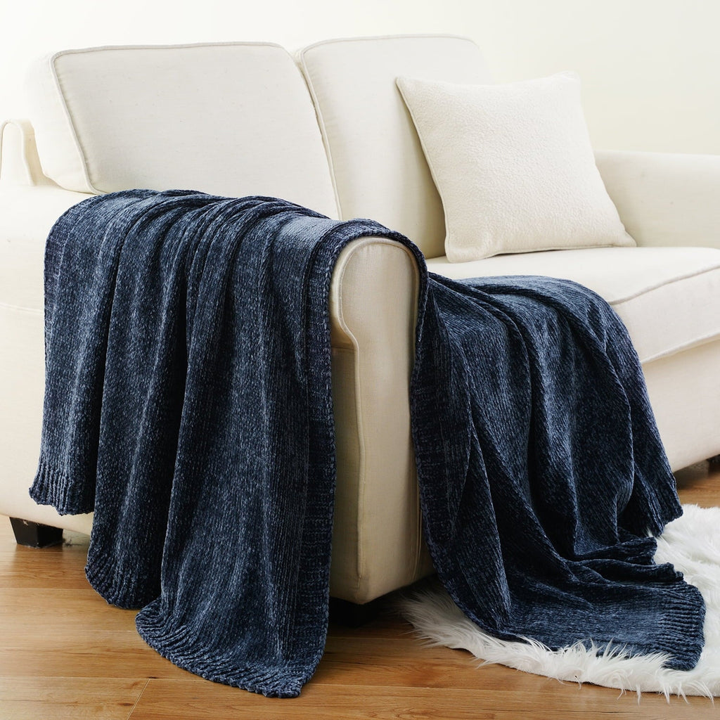 Decorative Knitted Navy Blue Chenille Throw for Couch Bed,Soft Navy Knit Blanket, Housewarming Gifts, 51"x 67" - Luxury Knitted Decorative Throw Blanket with Fringes Detail