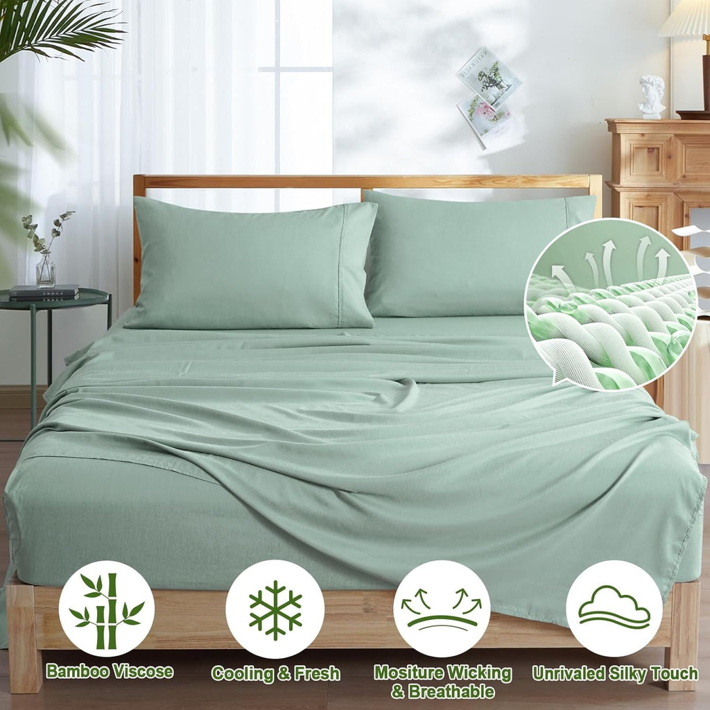 Wrinkle-Resistant Bamboo Bed Sheet Sets, 4 Pieces King Silky Soft Bedding Sheets, 1800 Thread Count 16 Inch Deep Pockets, Sage Green - Breathable Egyptian Cotton Flat & Fitted Sheets Detail
