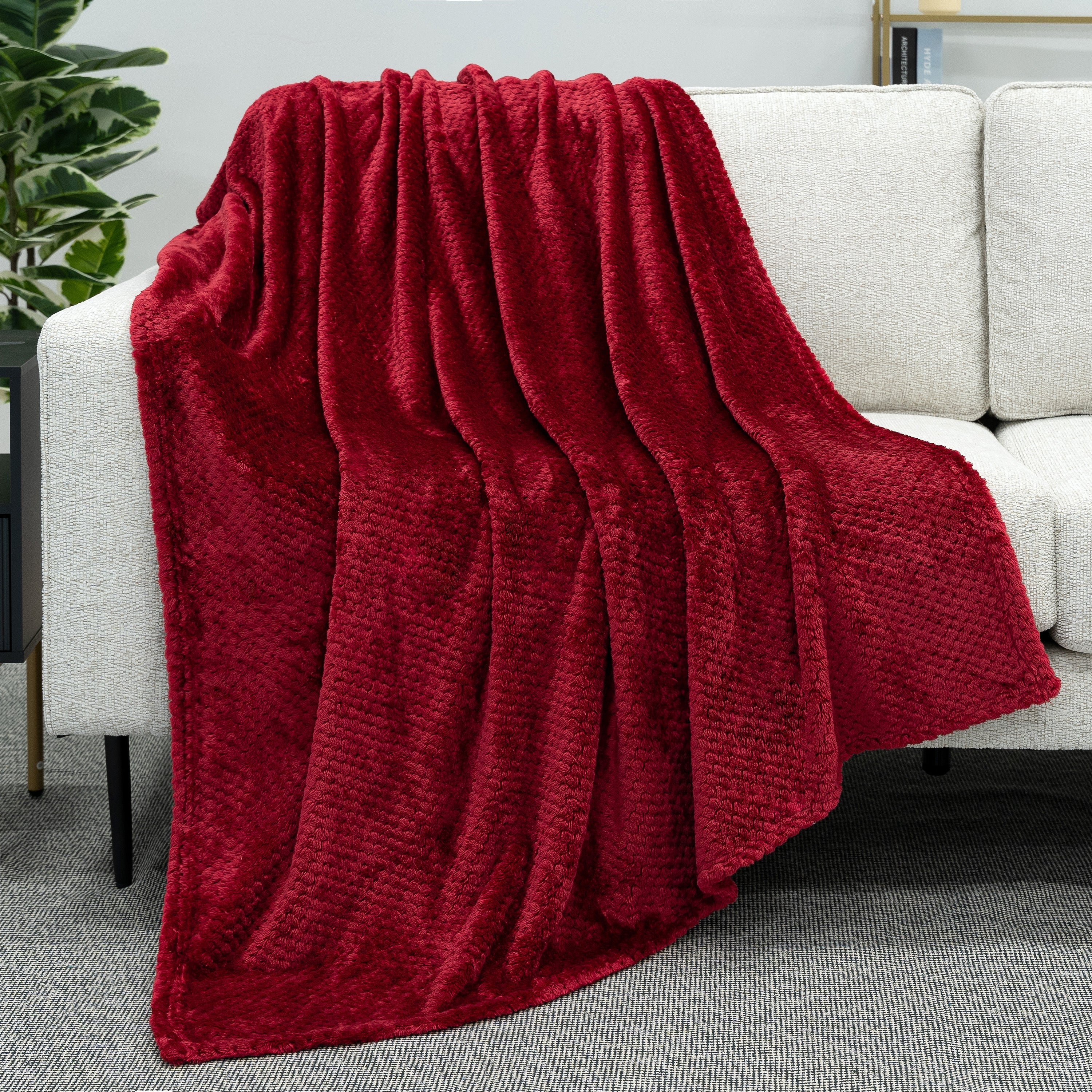 Cozy Fleece Maroon Red Throw Blanket for Couch, Twin Bed, Soft Fleece Throws for Sofa Chair, Fuzzy Waffle Textured Blanket, Cozy ... - Lightweight Plush Warm Blanket for All Seasons Detail