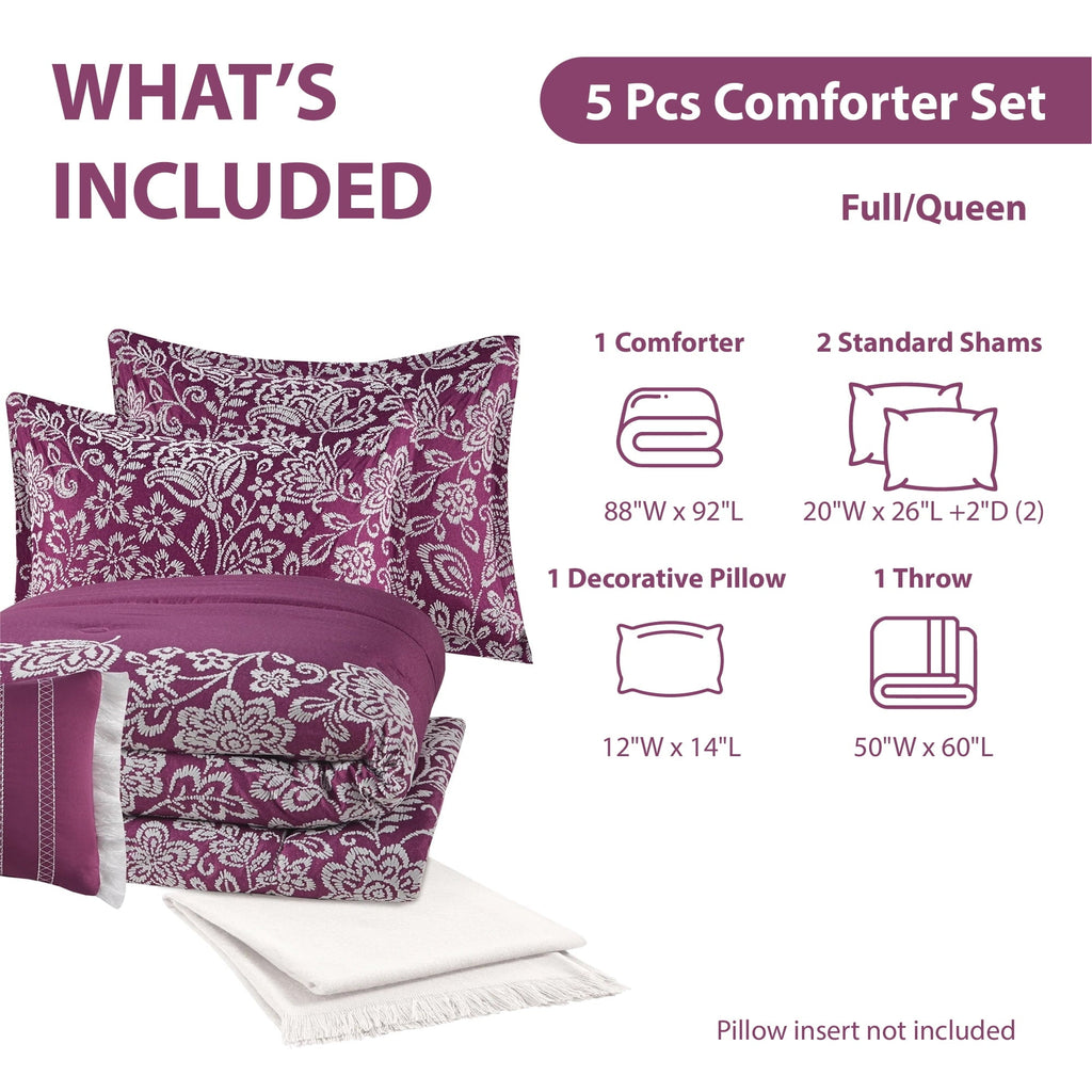 All-Season 5-Piece Jacquard Comforter Set with Decor Pillow and Throw Purple Flocking Embroidery Bedding Set, Full/Queen - Luxurious Quilted Duvet Cover Set Detail