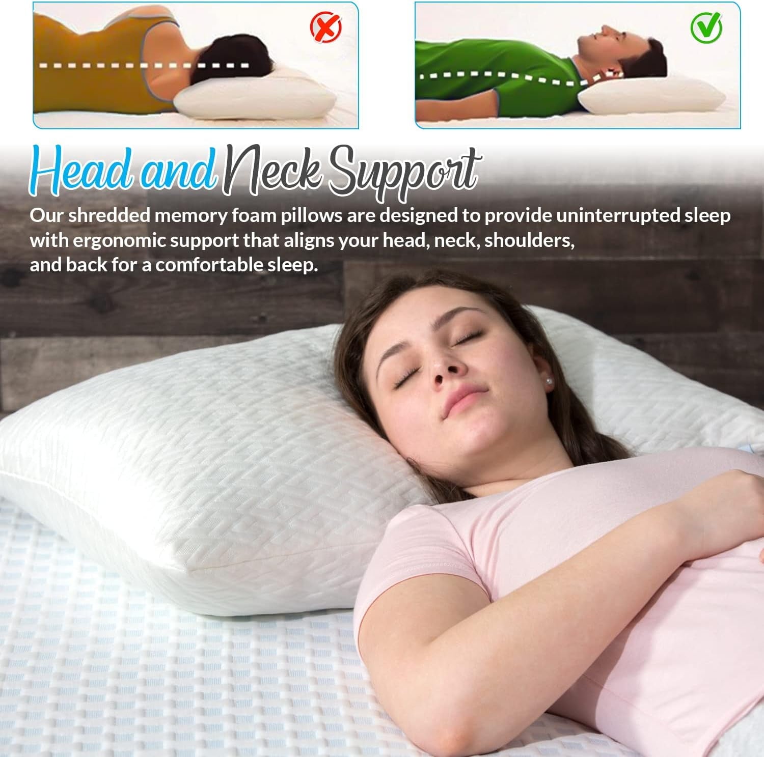 Ergonomic Memory Foam King Size Bamboo Pillow, Memory Foam Bed Pillows with Washable Pillowcases, King (1 Pack) - Orthopedic Shredded Foam Bed Pillow Set Detail