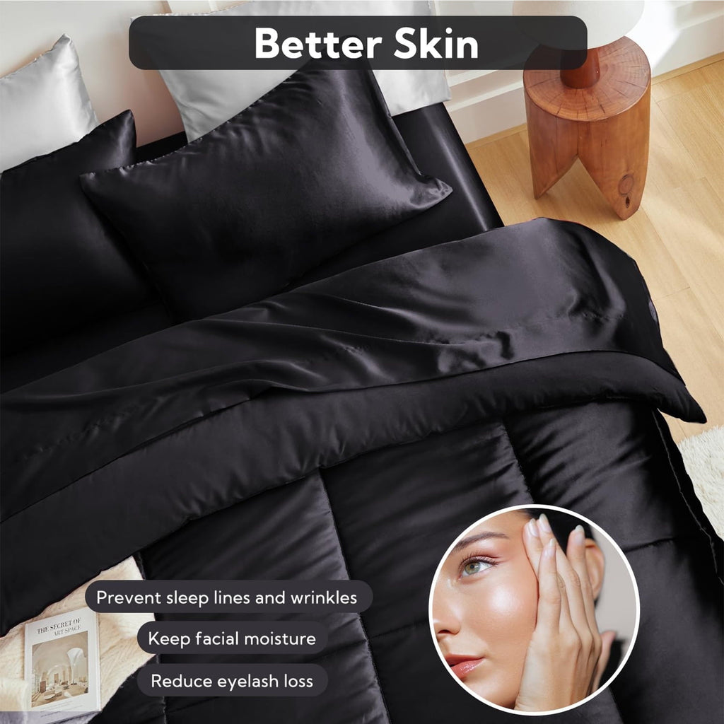 Hypoallergenic Cloud Reversible Satin Microfiber Comforter 3 Pieces Queen Size, Black Queen Comforter Set for All Seasons, Silky Soft Sati... - All-Season Down Alternative Comforter Insert Detail