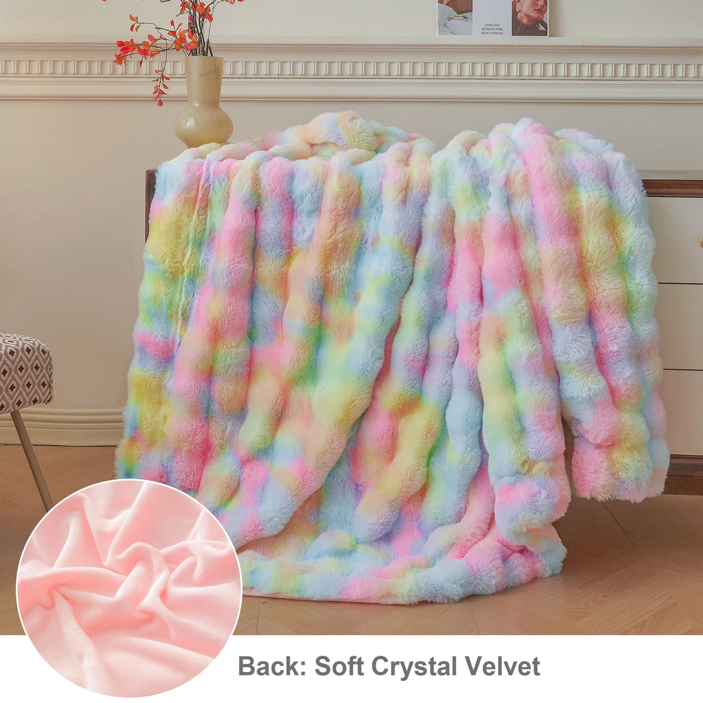 Cozy Fleece Fluffy Faux Rabbit Fur Bubble Throw, Rainbow Plush Shaggy Blanket for Couch Sofa Chair, Soft Tie Dye Furry Blanket Ad... - Cozy Fleece Throw Blanket for Couch & Bed Detail