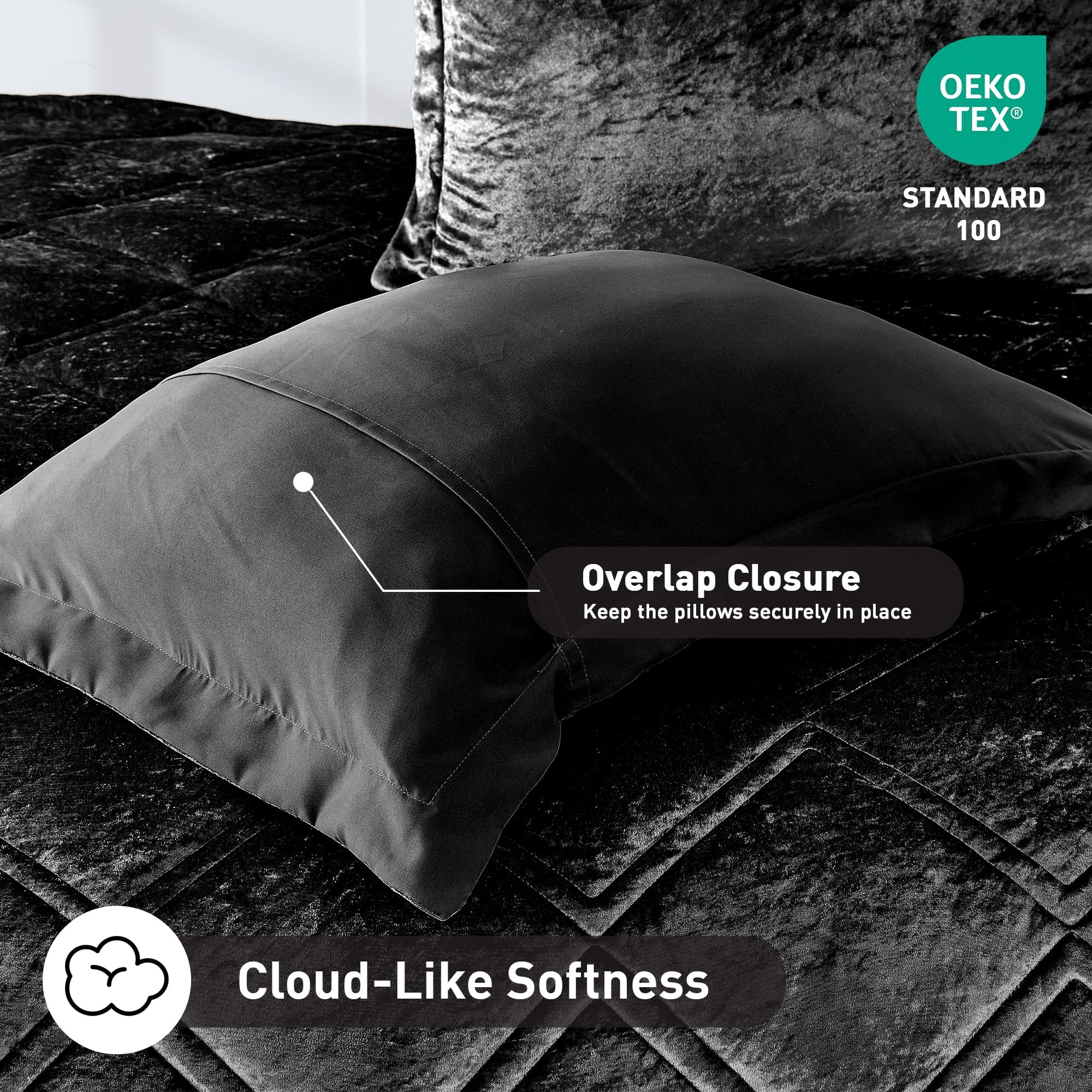 Hypoallergenic Cloud King/Cal King Size Comforter Sets, Velvet Bedding Comforter Set for All Seasons, Black Bedding Set with Decor Pillow - All-Season Down Alternative Comforter Insert Detail
