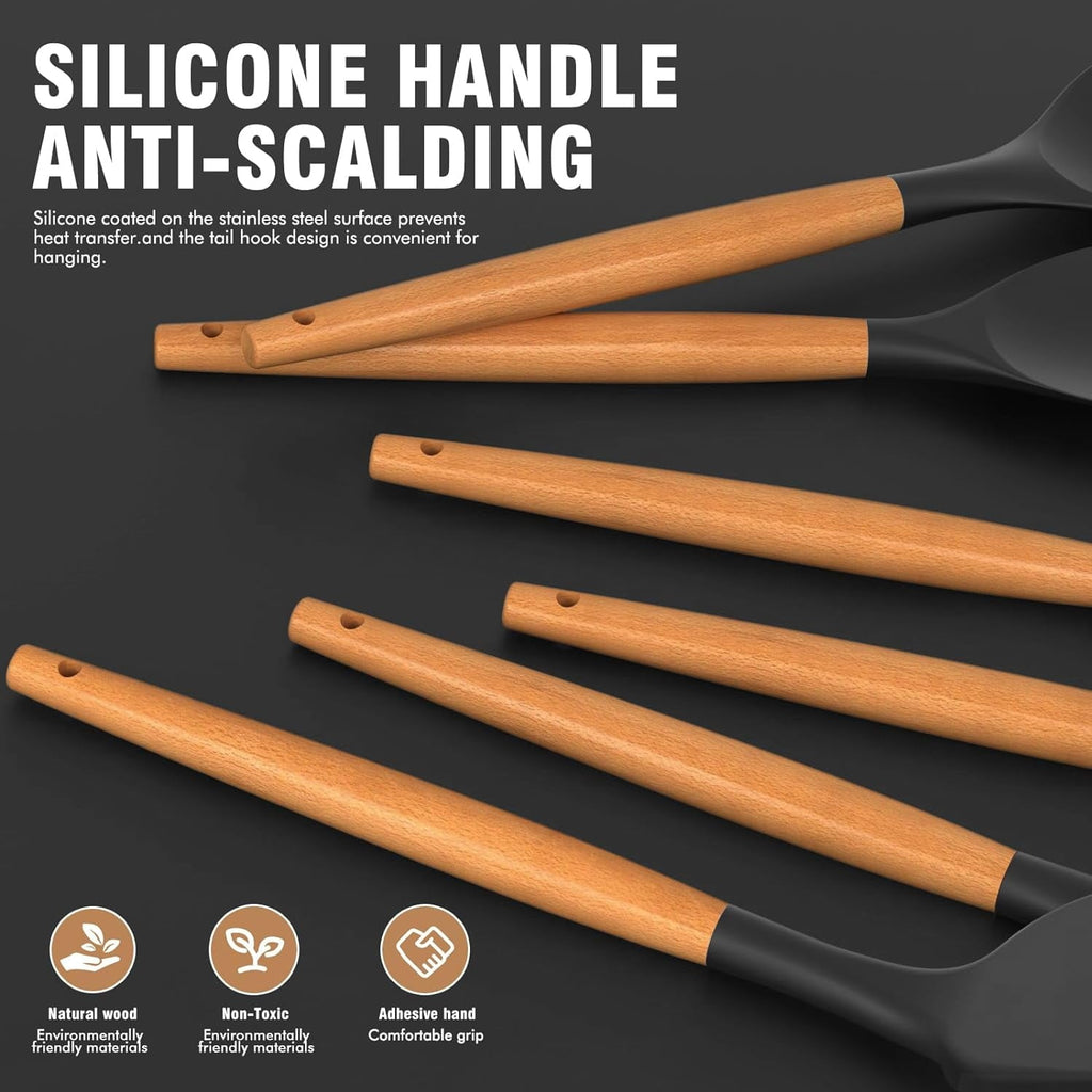 Multi-Functional Silicone Cooking Utensils Set - Silicone Kitchen Utensils for Cooking Wooden Handles, 446°F Heat Resistant Kitchen Ut... - Multi-Functional Manual Food Chopper & Slicer Detail