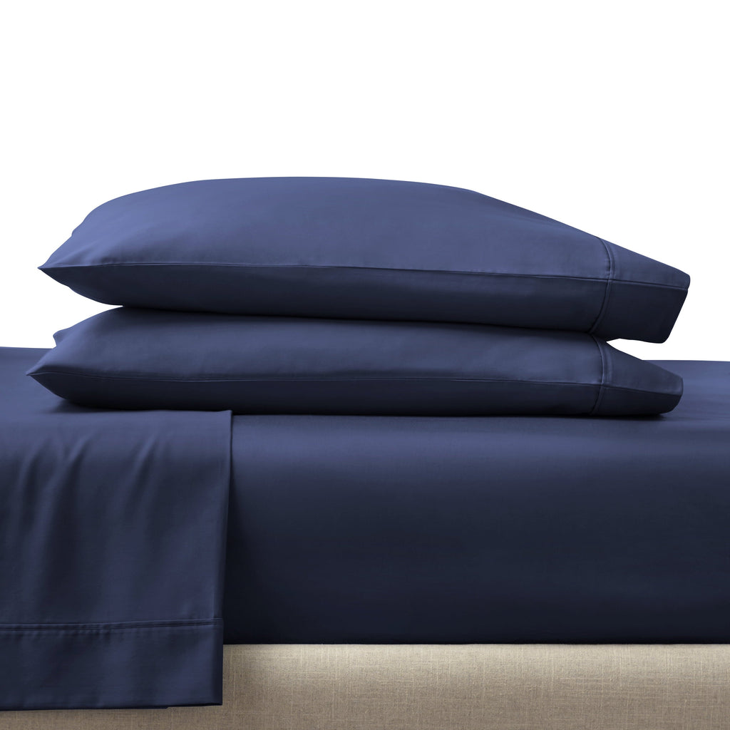 Wrinkle-Resistant 4-Piece 300 Thread Count Blue Cove Cotton Sateen Bed Sheet Set, Queen - Premium Ultra-Soft Pillowcase Pair for Sleeping Detail