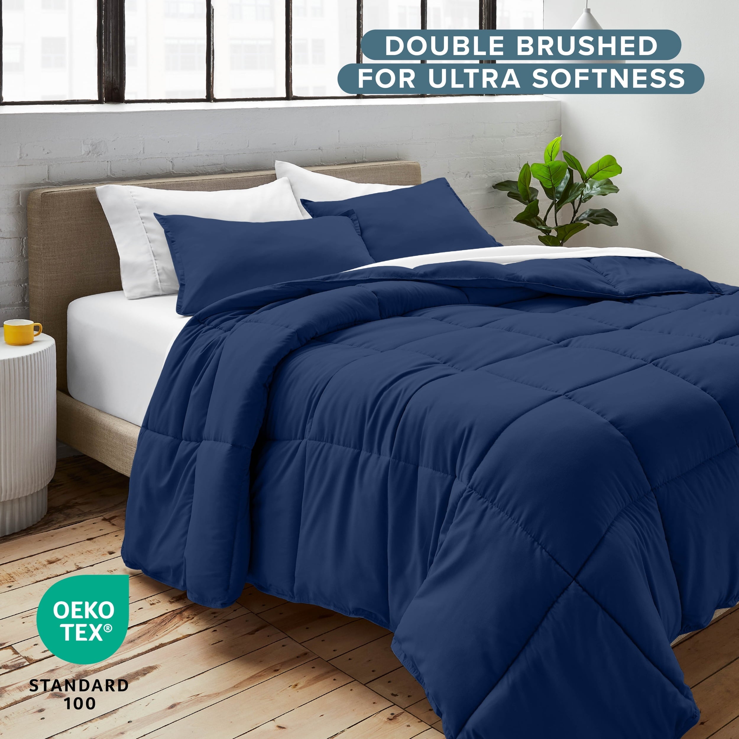Heavyweight Warmth Down Alternative Comforter Set - 3-Pieces - All Seasons - Queen, Dark Blue - Luxurious Quilted Duvet Cover Set Detail
