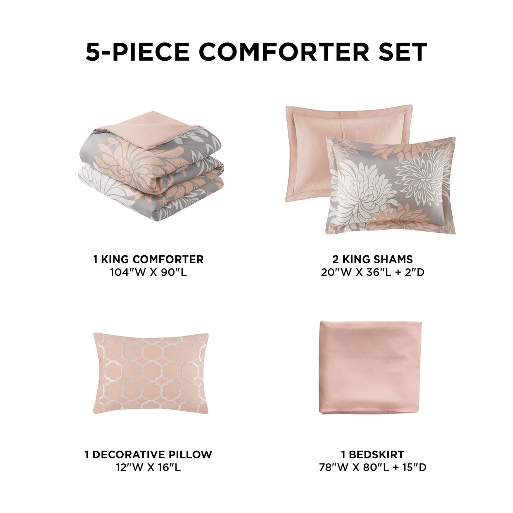 All-Season King Size Comforter Set, 5-Piece Floral Bedding Set for All Season, Blush Comforter Set King with Bed Skirt - Luxurious Quilted Duvet Cover Set Detail