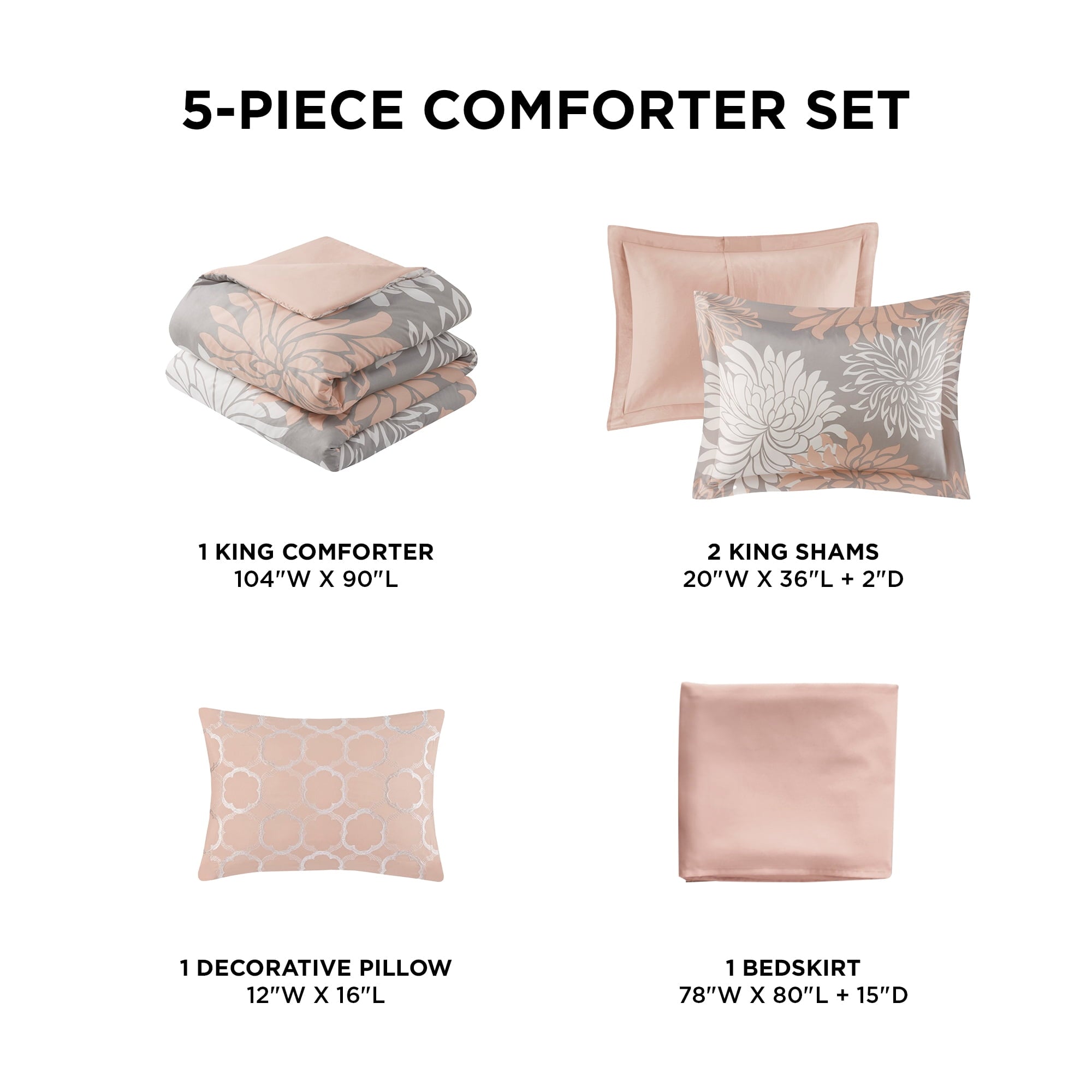 All-Season King Size Comforter Set, 5-Piece Floral Bedding Set for All Season, Blush Comforter Set King with Bed Skirt - Luxurious Quilted Duvet Cover Set Detail