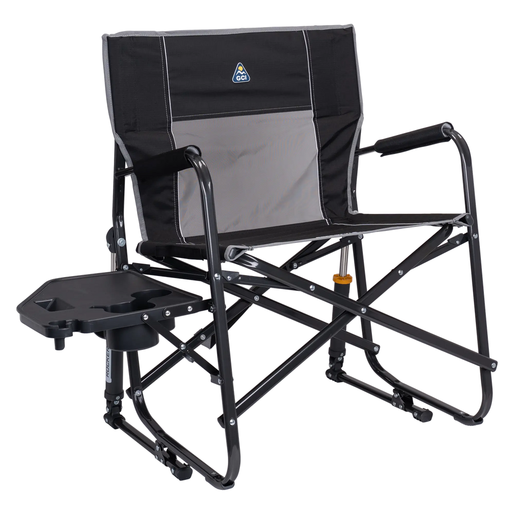 Luxury Camp Freestyle Rocker XL with Side Table - Choice 836 - Patented Spring-Action Rocking Chair for Camping - Black