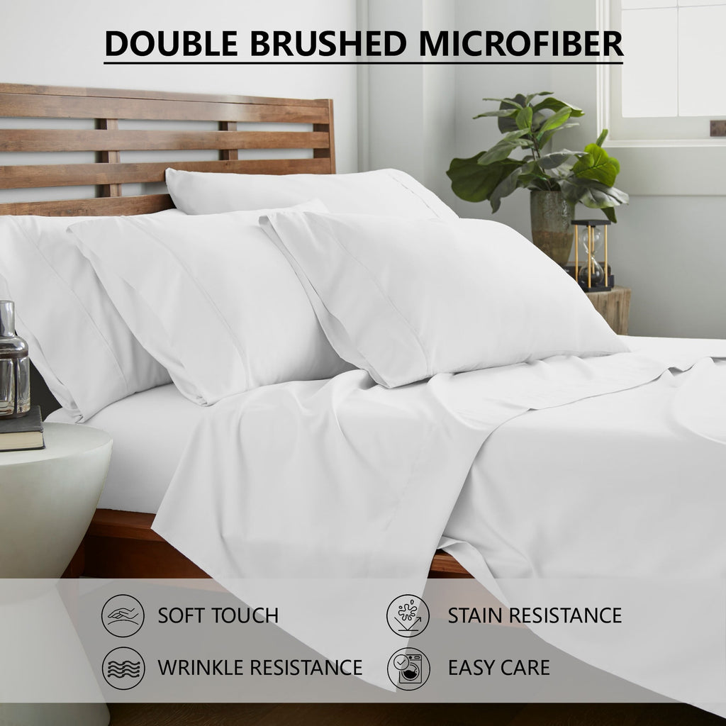 Wrinkle-Resistant Queen Size 6 Piece Bed Sheet Set White - Ultra Soft Microfiber Deep Pocket Wrinkle Free - Breathable Egyptian Cotton Flat & Fitted Sheets Detail