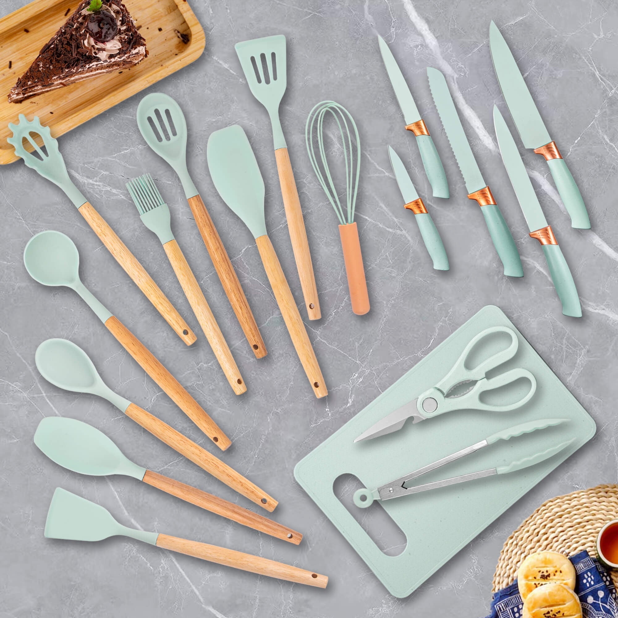 High-Precision 19pcs Silicone Kitchen Utensil Set, Heat-Resistant Non-Stick Easy Cooking Cleaning Home Light-Green - Professional Kitchen Tool for Culinary Enthusiasts Detail