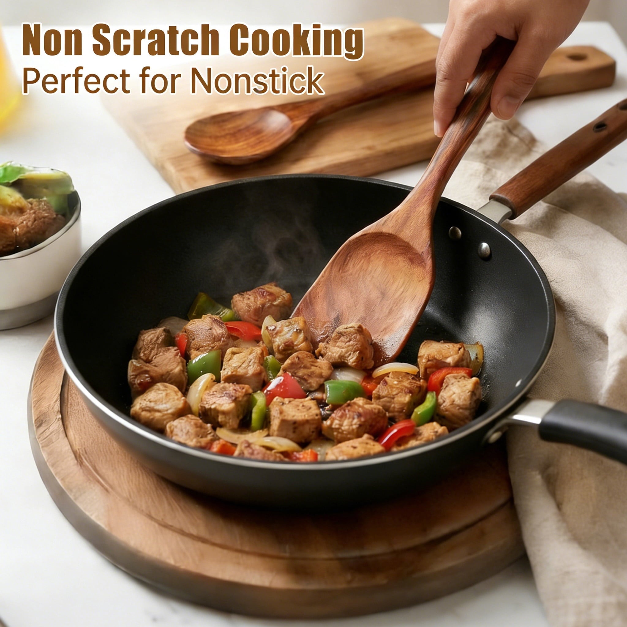 Heat-Resistant Wooden Spoons for Cooking, 6 PCS Teak Wood Cooking Utensil Set, Wooden Kitchen Utensils for Nonstick Pans & Cookware,... - Premium Stainless Steel Cooking Utensil for Non-Stick Pots Detail