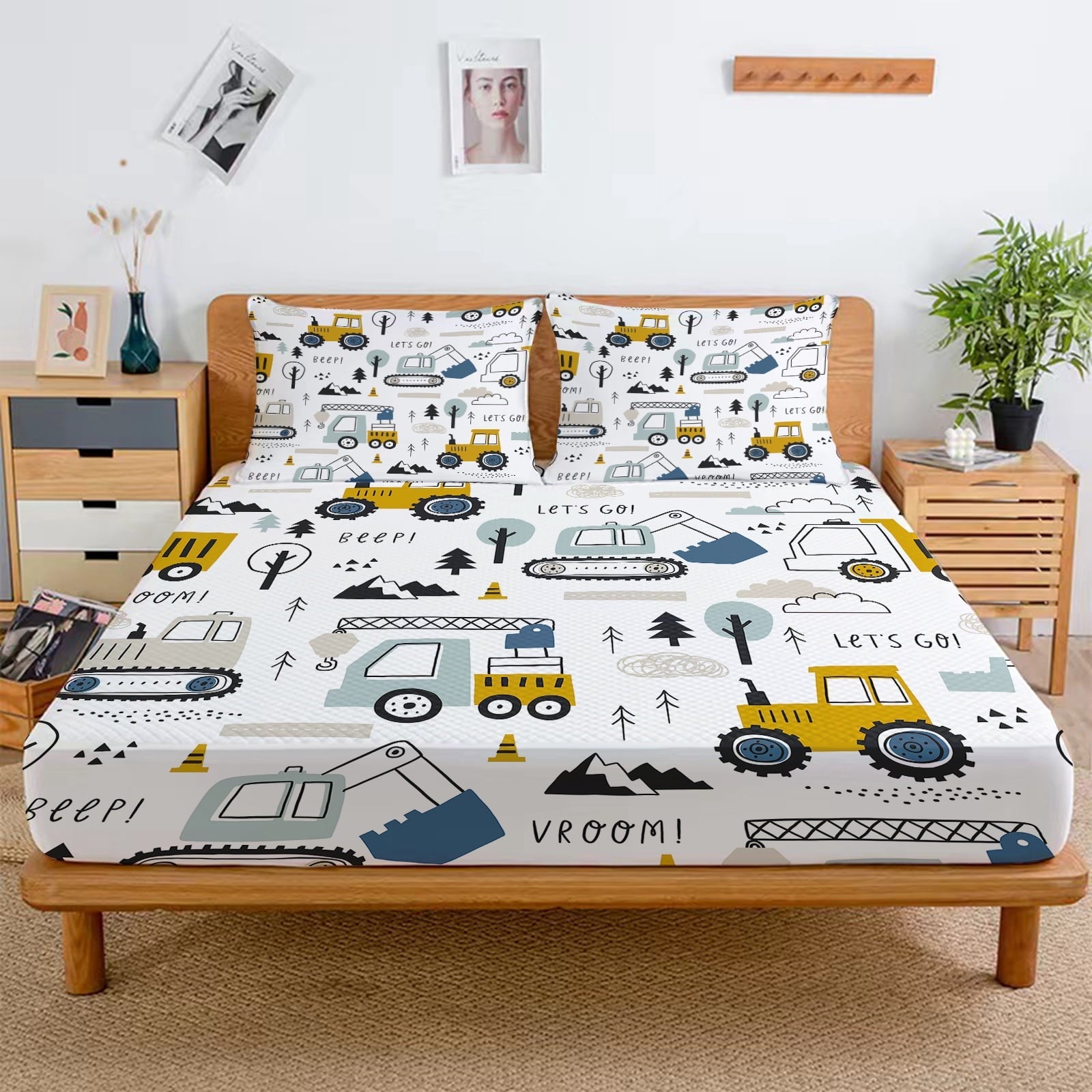 Breathable Luxury Cartoon Excavator Sheet Set for Kids Boys Truck Construction Bedding Set Engineering Vehicle Bed Sheet Sets with 1 Fi... - Cooling Hotel Quality Bedding Sheets and Pillowcases Detail