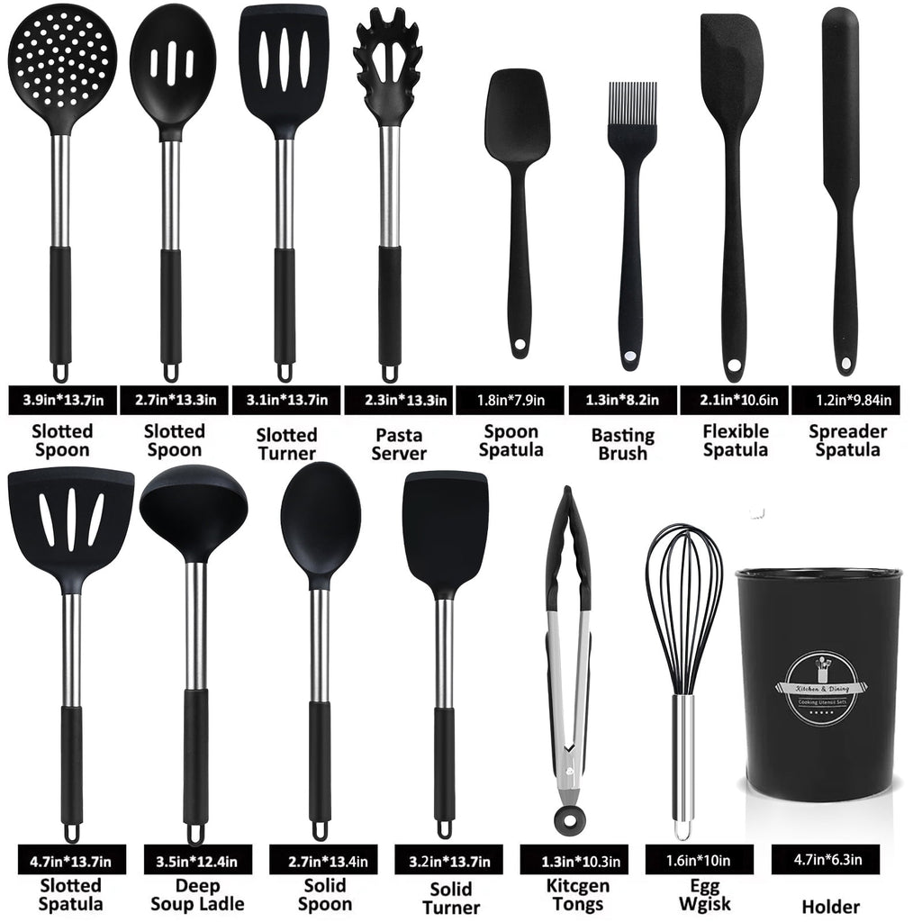 Seamless One-Piece Silicone Cooking Utensils Set, 26 Pcs, Heat Resistant Kitchen Utensils Set, Black - Ergonomic Kitchen Tongs and Cooking Spoon Utensil Detail