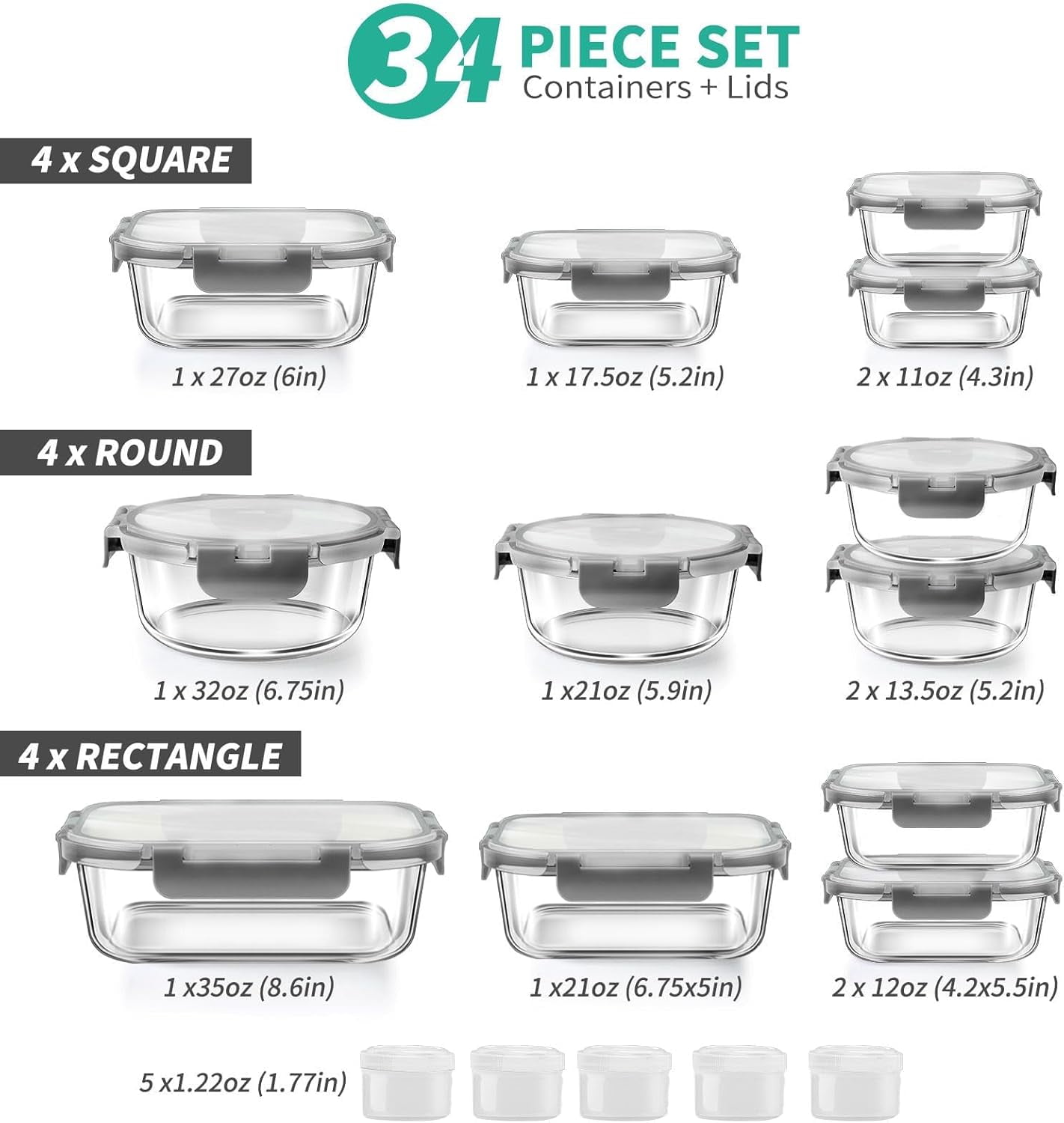 Playful Geometric 34pcs Glass Food Storage Containers with Lids Set, Airtight Meal Prep Containers (17 Containers & 17 Lids), Grey - Deliciously Soft Cupcake Sensory Glob Detail
