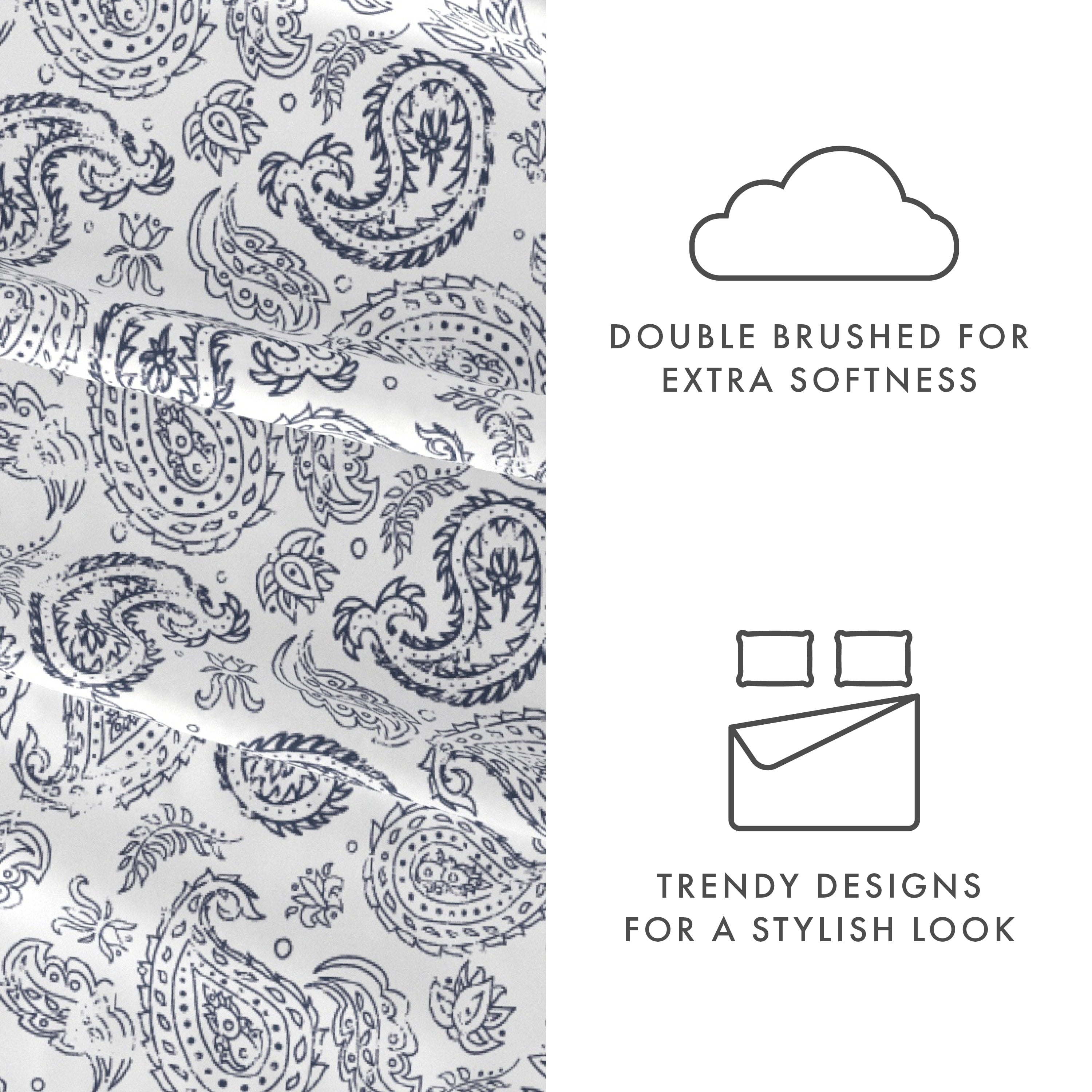 Ultra-Soft 4 Piece Pattern Microfiber Bed Sheets Set, Navy Coarse Paisley, Full - Premium Ultra-Soft Pillowcase Pair for Sleeping Detail