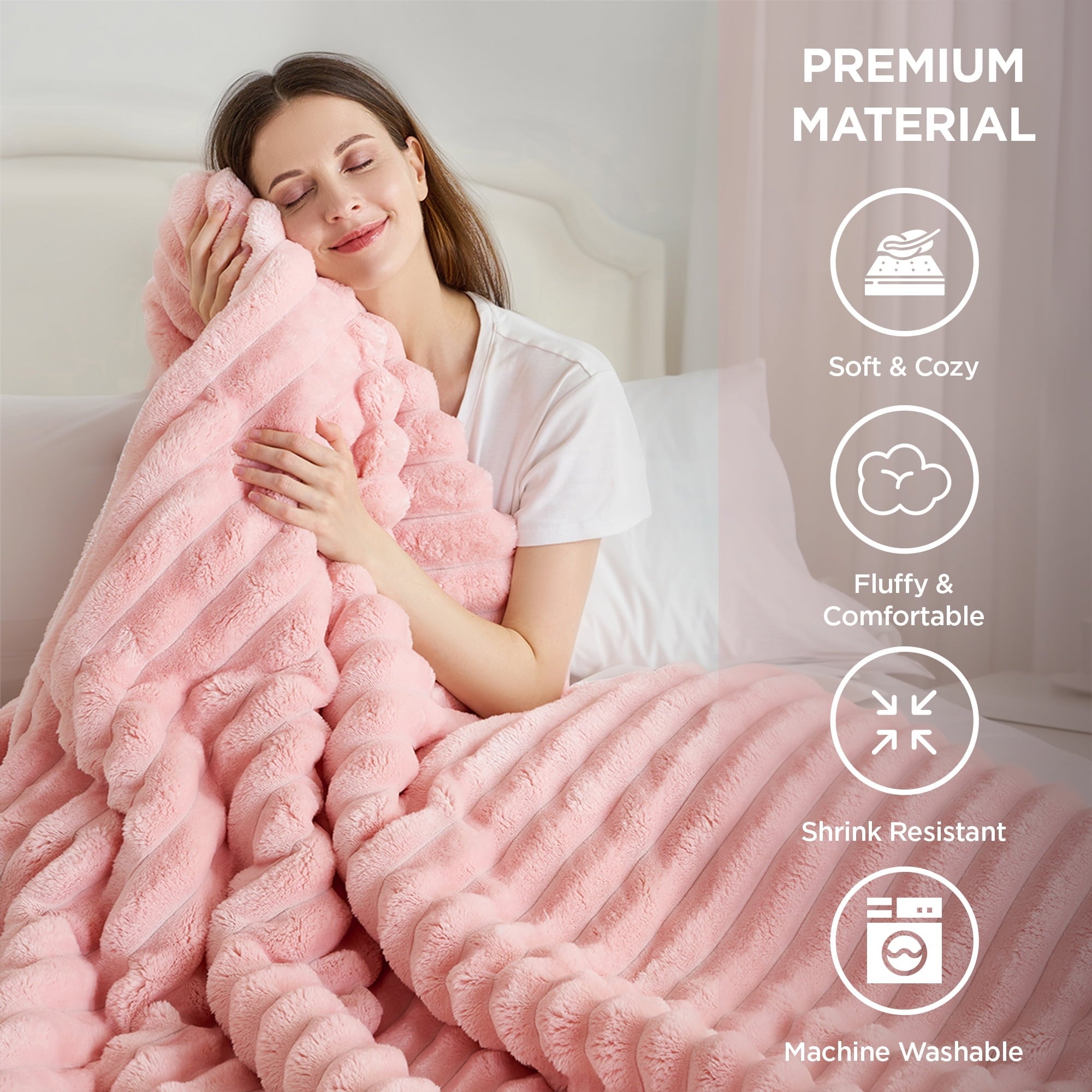 Fluffy Down Alternative Full/Queen Size Comforter Set, Fluffy Ribbed Plush Comforter Set, 3-Piece Bedding Set, Pink - All-Season Down Alternative Comforter Insert Detail