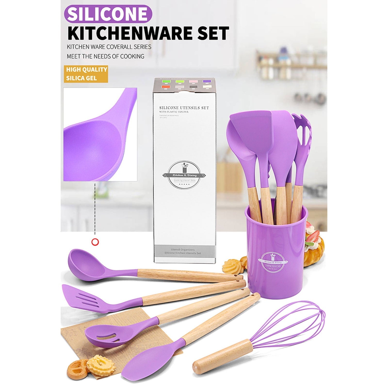 Premium Silicone 12Pcs Cooking Kitchen Utensils Set with Holder,Wooden Handles Cooking Tool,BPA Free,Non Toxic Turner Tongs Spa... - Durable Turner & Ladle Utensil Set for Home Chefs Detail