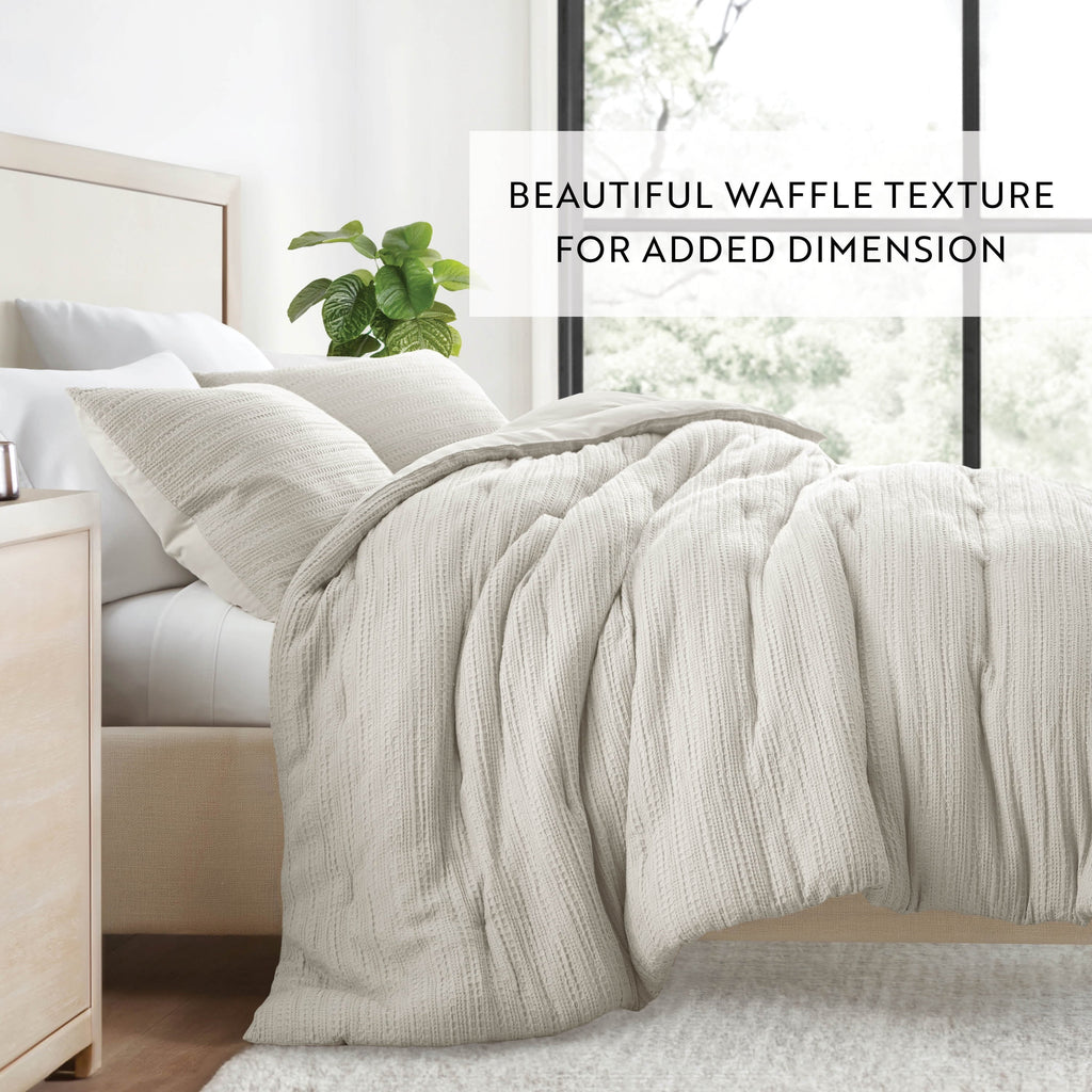 Luxurious Quilted Textured Waffle Comforter Set ins Natural Waffle Comforter Bedding Sets, King/Cal King Size Bedding - Luxurious Quilted Duvet Cover Set Detail