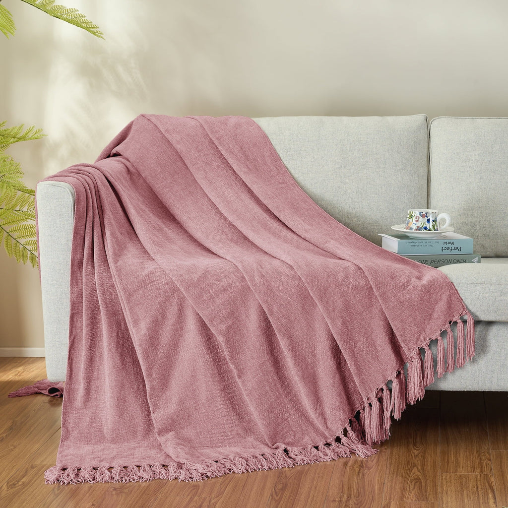 Lightweight Warm Chenille Throw Blanket with Fringe Tassel for Couch Sofa Chair Bed, Mauve 50" X 70" - Lightweight Plush Warm Blanket for All Seasons Detail