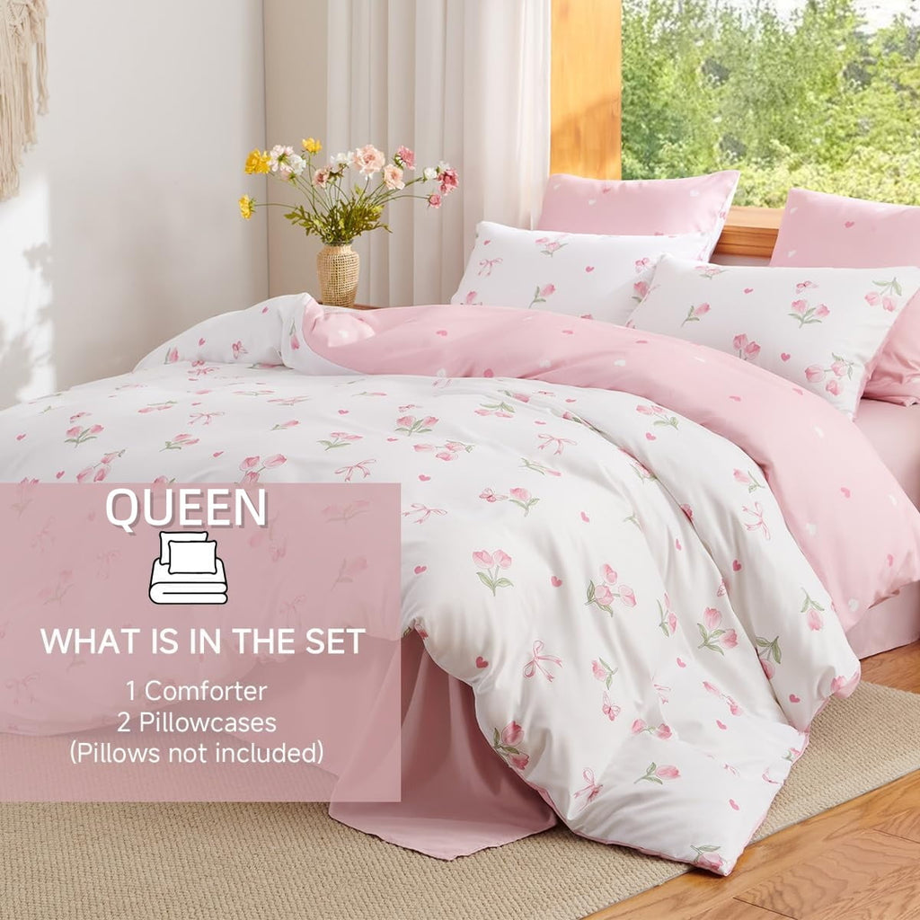 Heavyweight Warmth Pink Tulip Queen Comforter Set, 3-Piece Pink Flowers Reversible Soft Bedding Set or Adults All Season - Luxurious Quilted Duvet Cover Set Detail