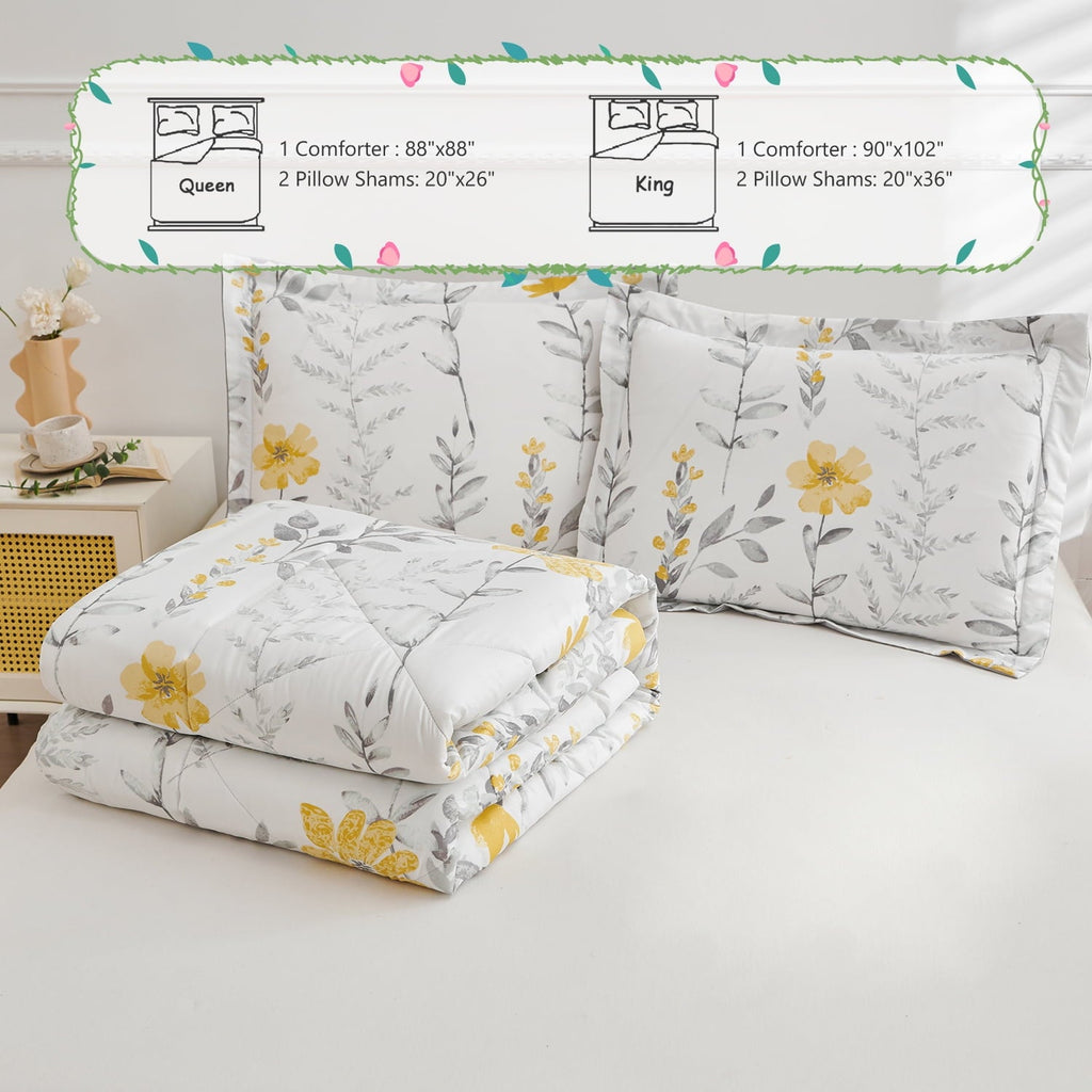 All-Season 3 Piece Comforter Set Queen Yellow Floral Quilt Microfiber Patchwork Bedspread - Hypoallergenic Ultra-Fluffy Quilt for Winter Detail