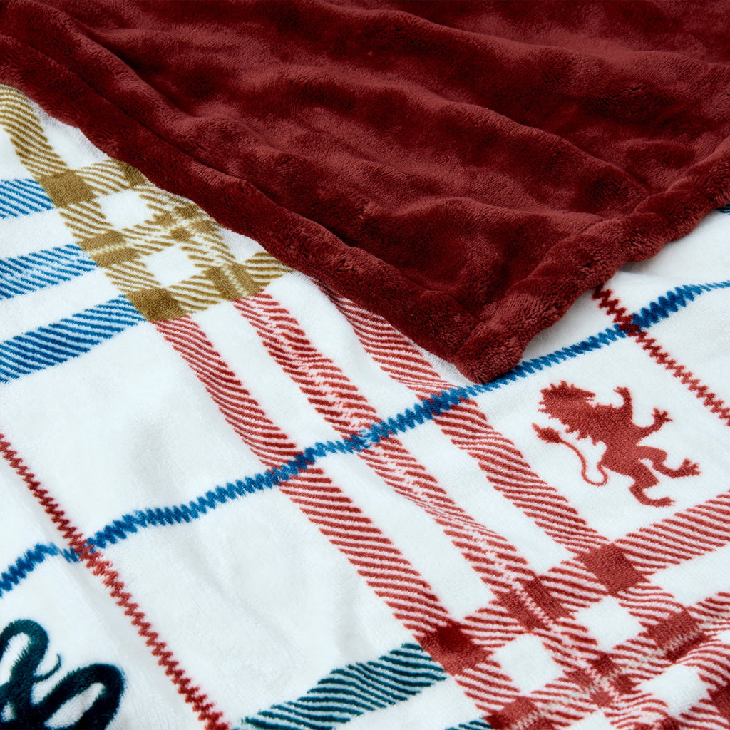 Super Soft Flannel Academic Plaid Tartan Crest with Faux Leather Patch and Milky Mink Reverse Throw, 60x70 inches - Cozy Fleece Throw Blanket for Couch & Bed Detail